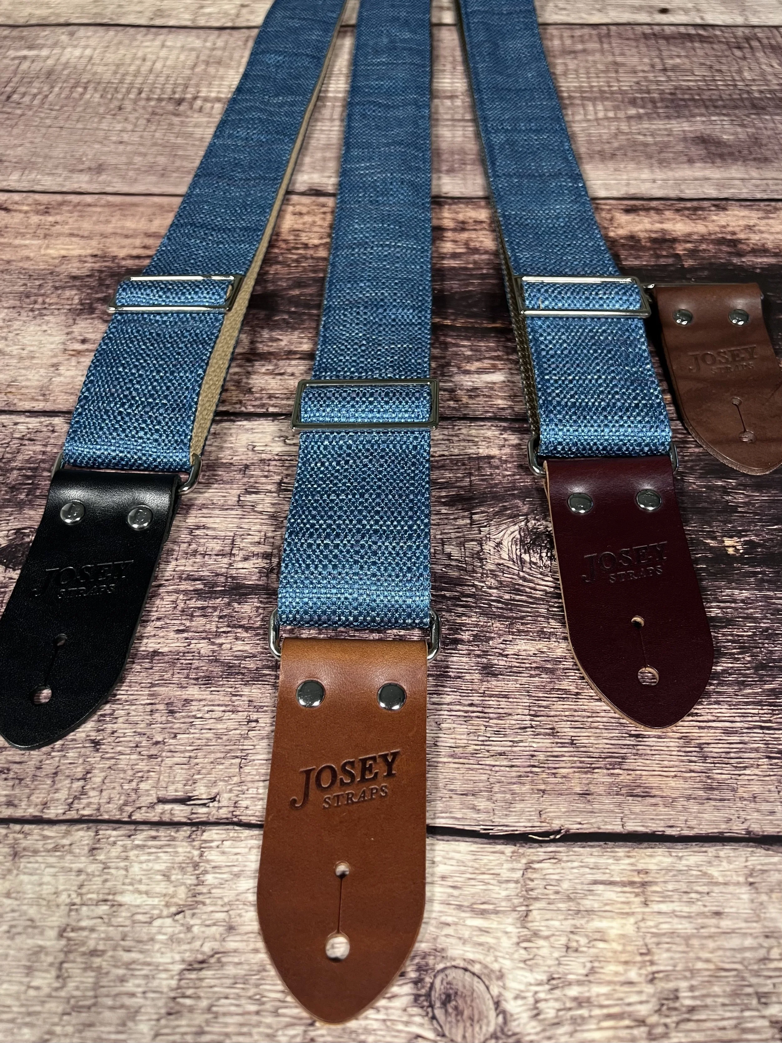 Peacock Blue woven guitar strap with blue-green texture and leather ends by Josey Straps