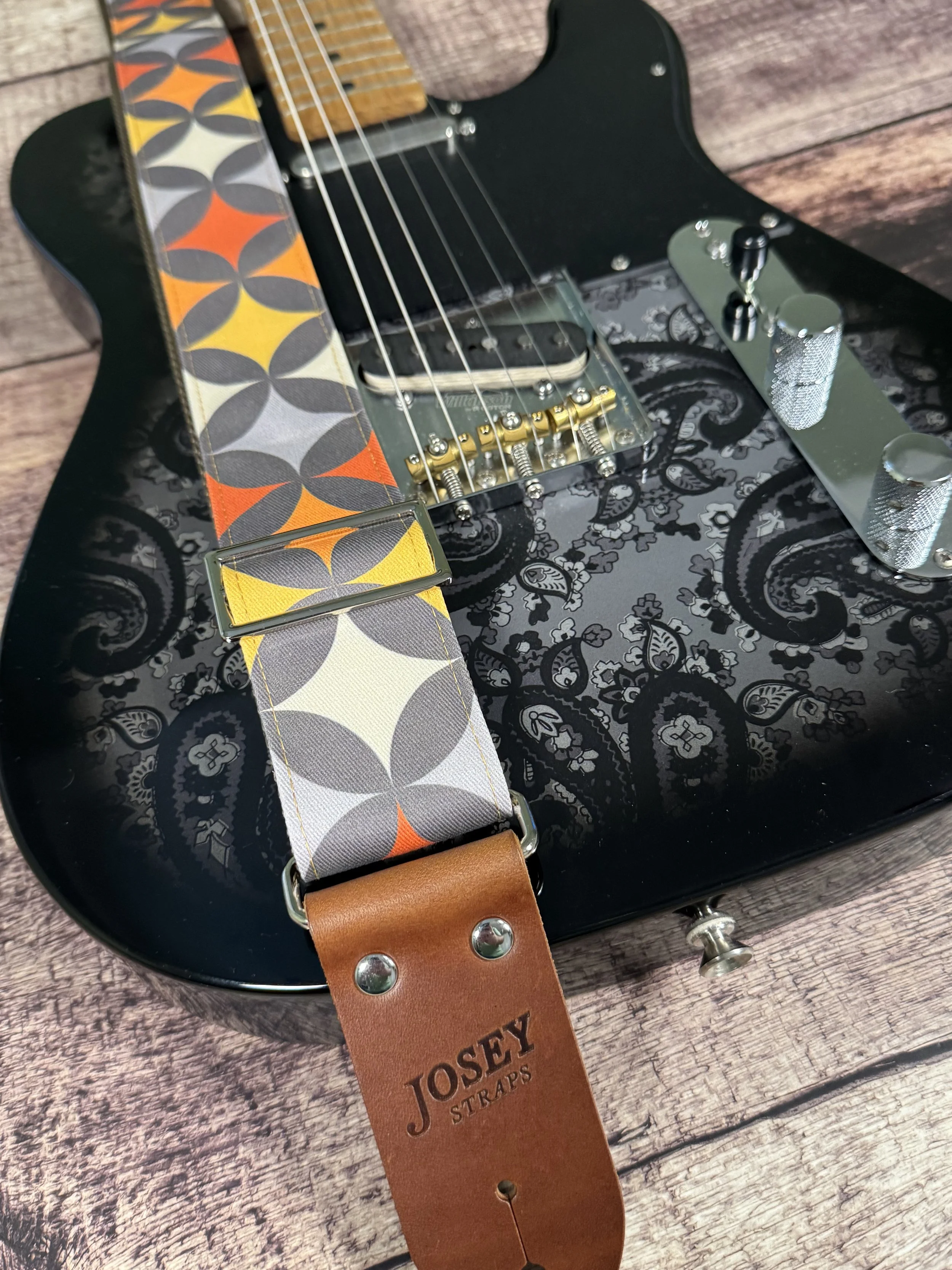 Starlight Lounge guitar strap by Josey Straps with retro mid-century geometric design and premium leather ends.
