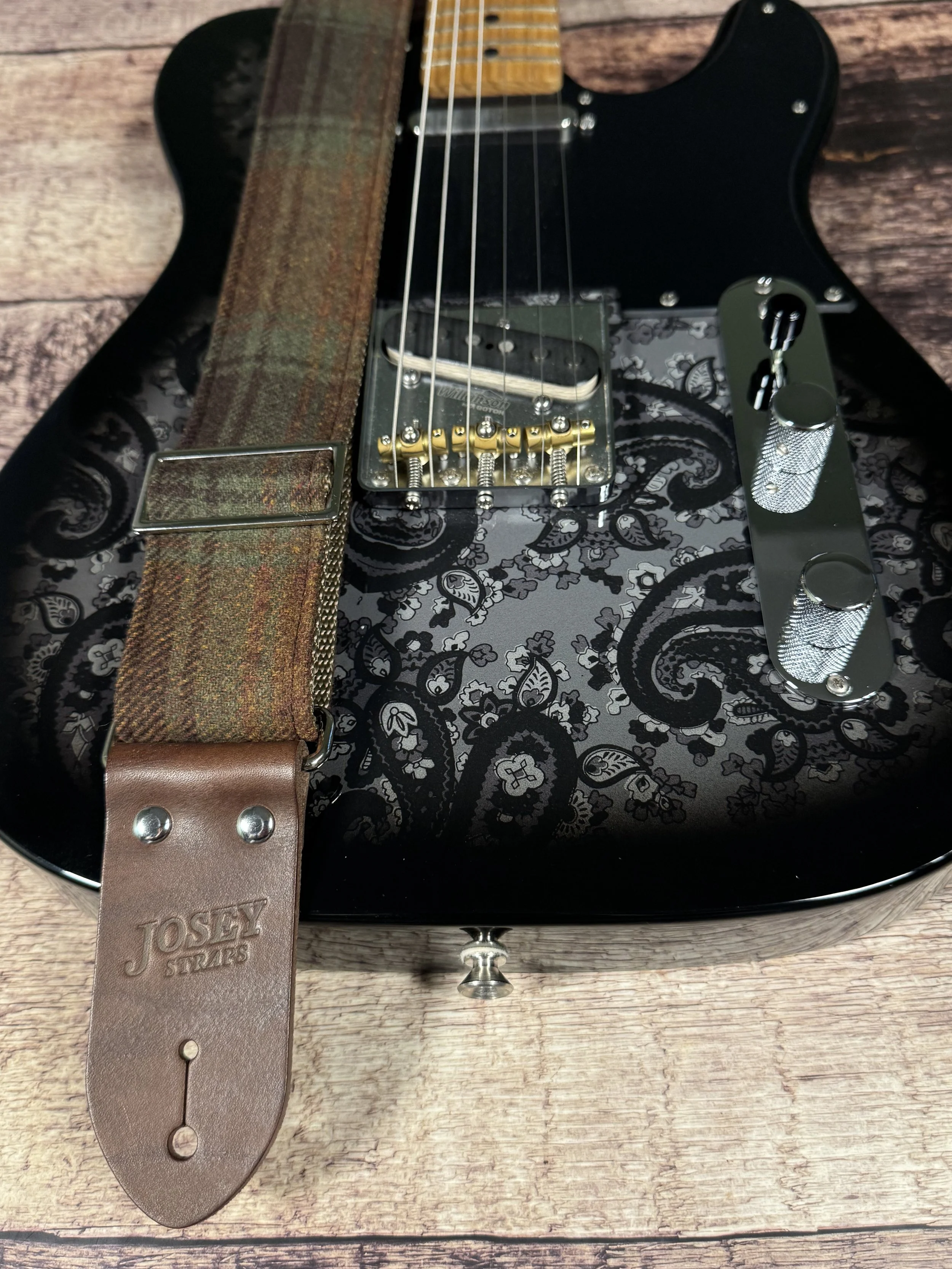 Aberdeen guitar strap featuring vintage plaid fabric and premium leather ends, handmade by Josey Straps