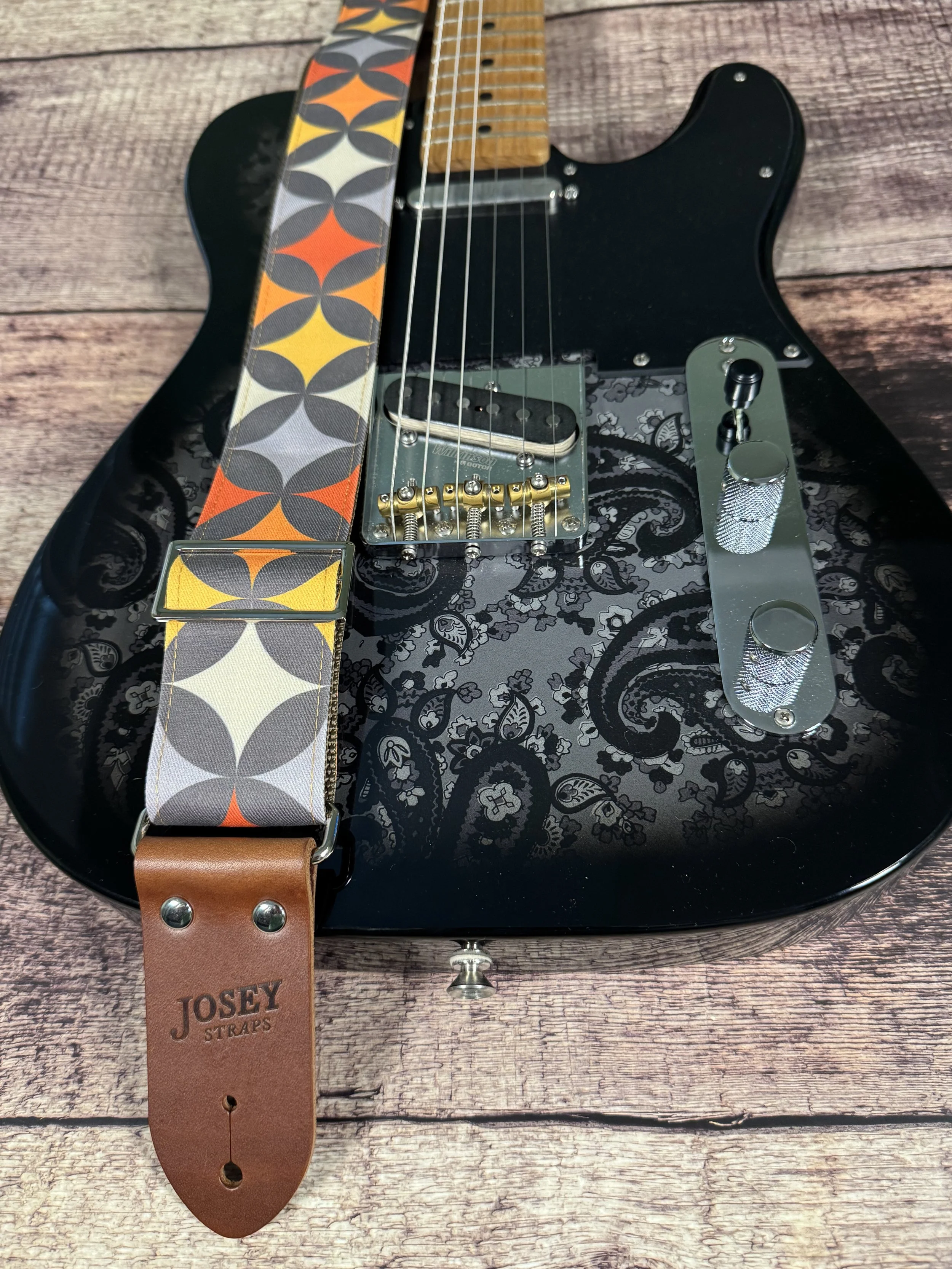 Starlight Lounge guitar strap by Josey Straps with retro mid-century geometric design and premium leather ends.