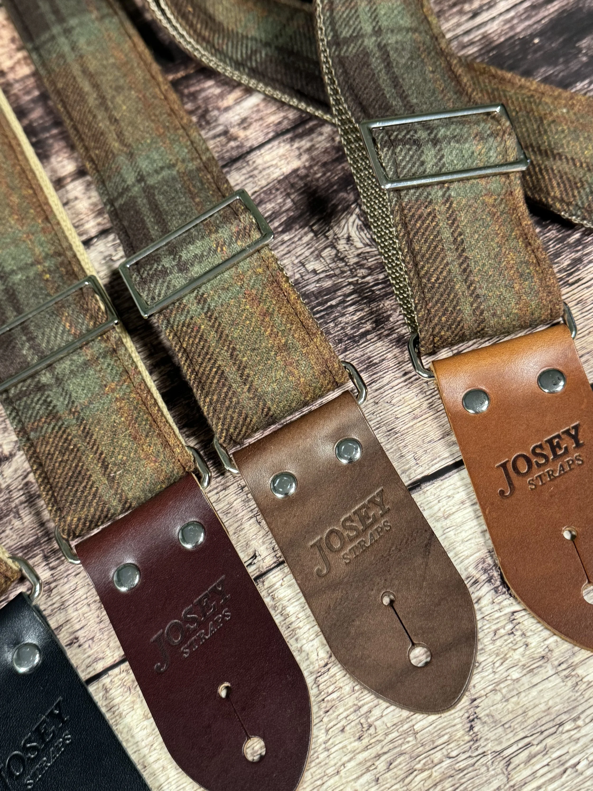 Aberdeen guitar strap featuring vintage plaid fabric and premium leather ends, handmade by Josey Straps