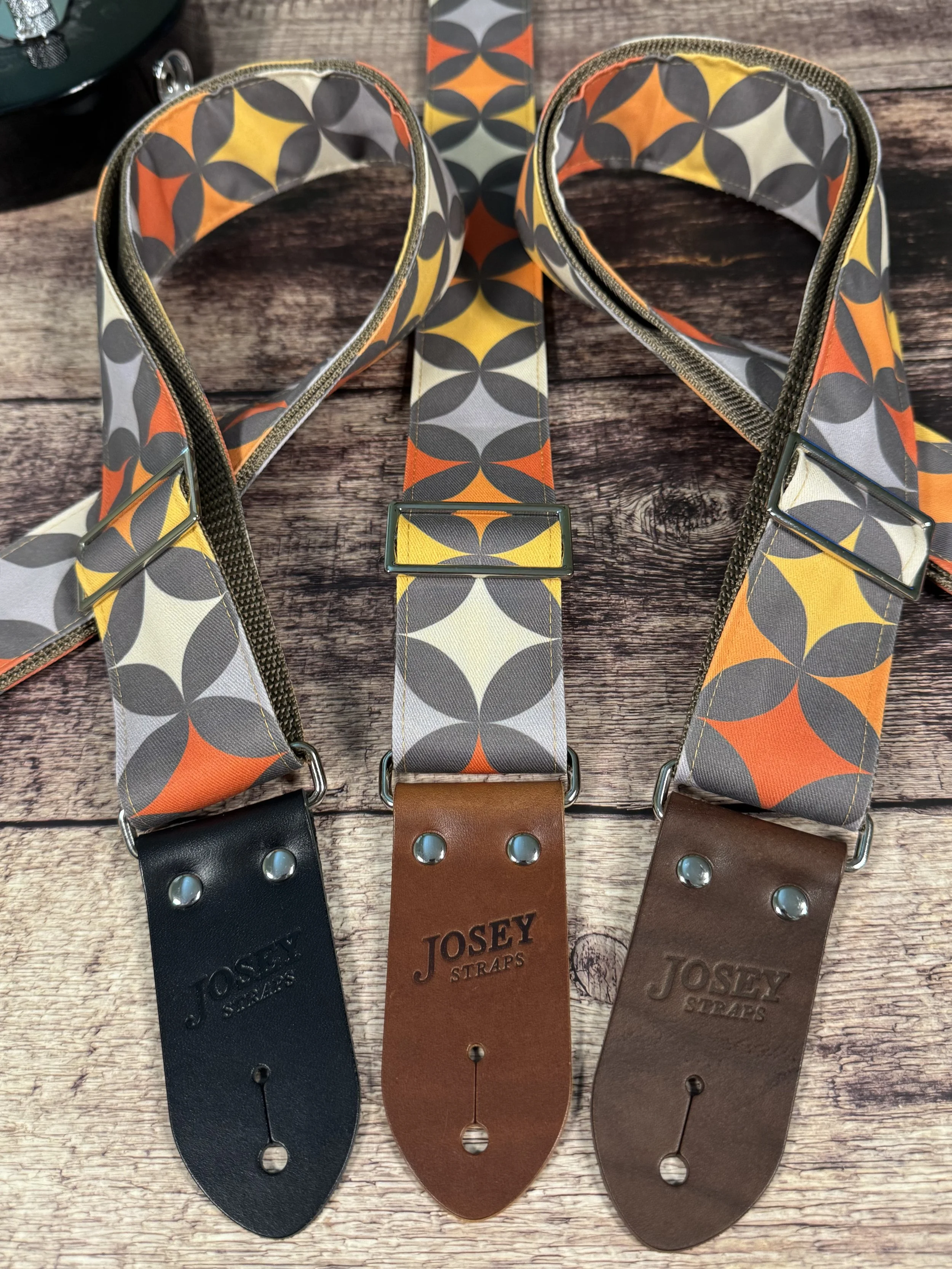 Starlight Lounge guitar strap by Josey Straps with retro mid-century geometric design and premium leather ends.