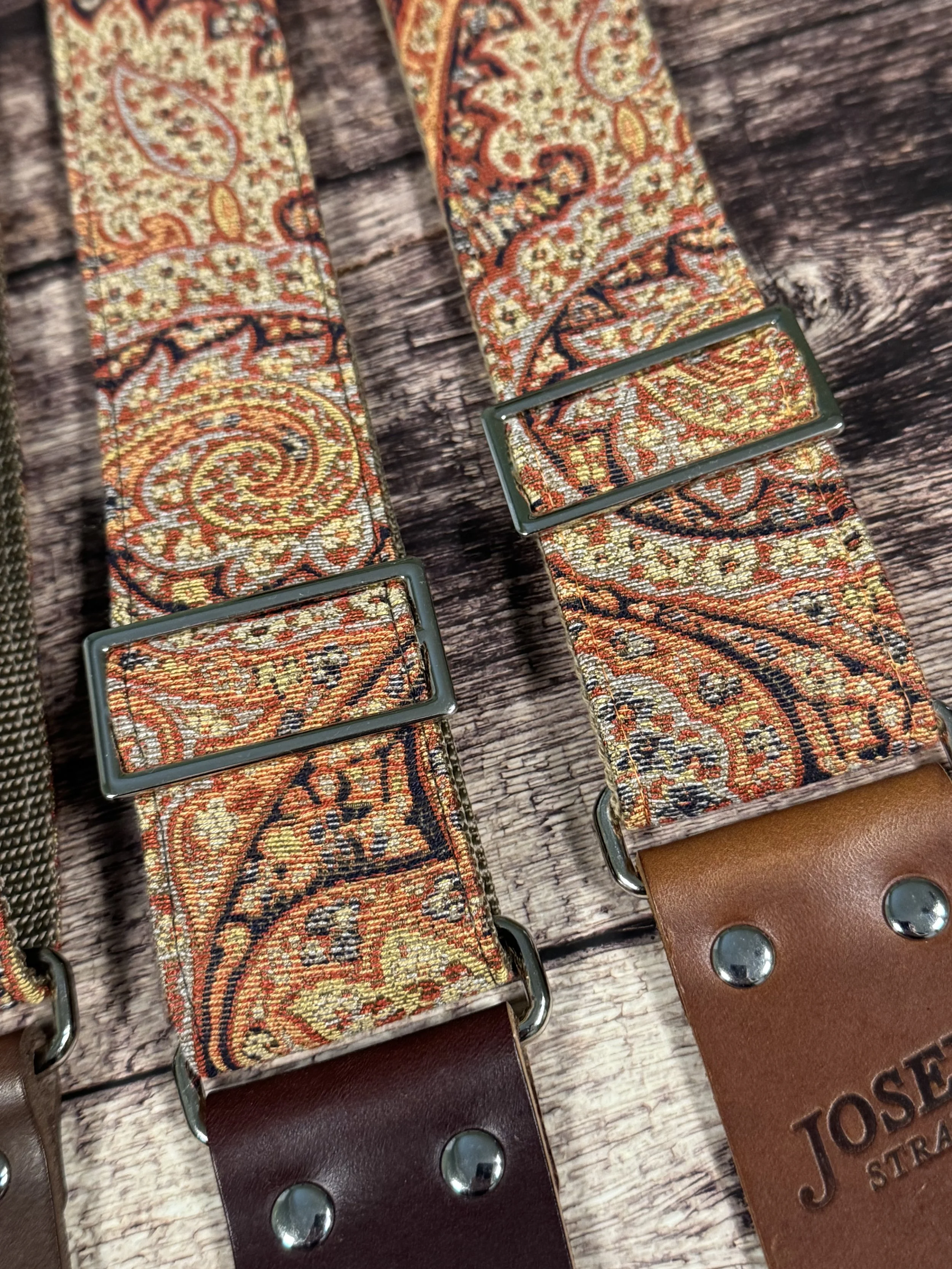Josey Straps Ottoman guitar strap with vintage paisley tapestry fabric and leather ends.