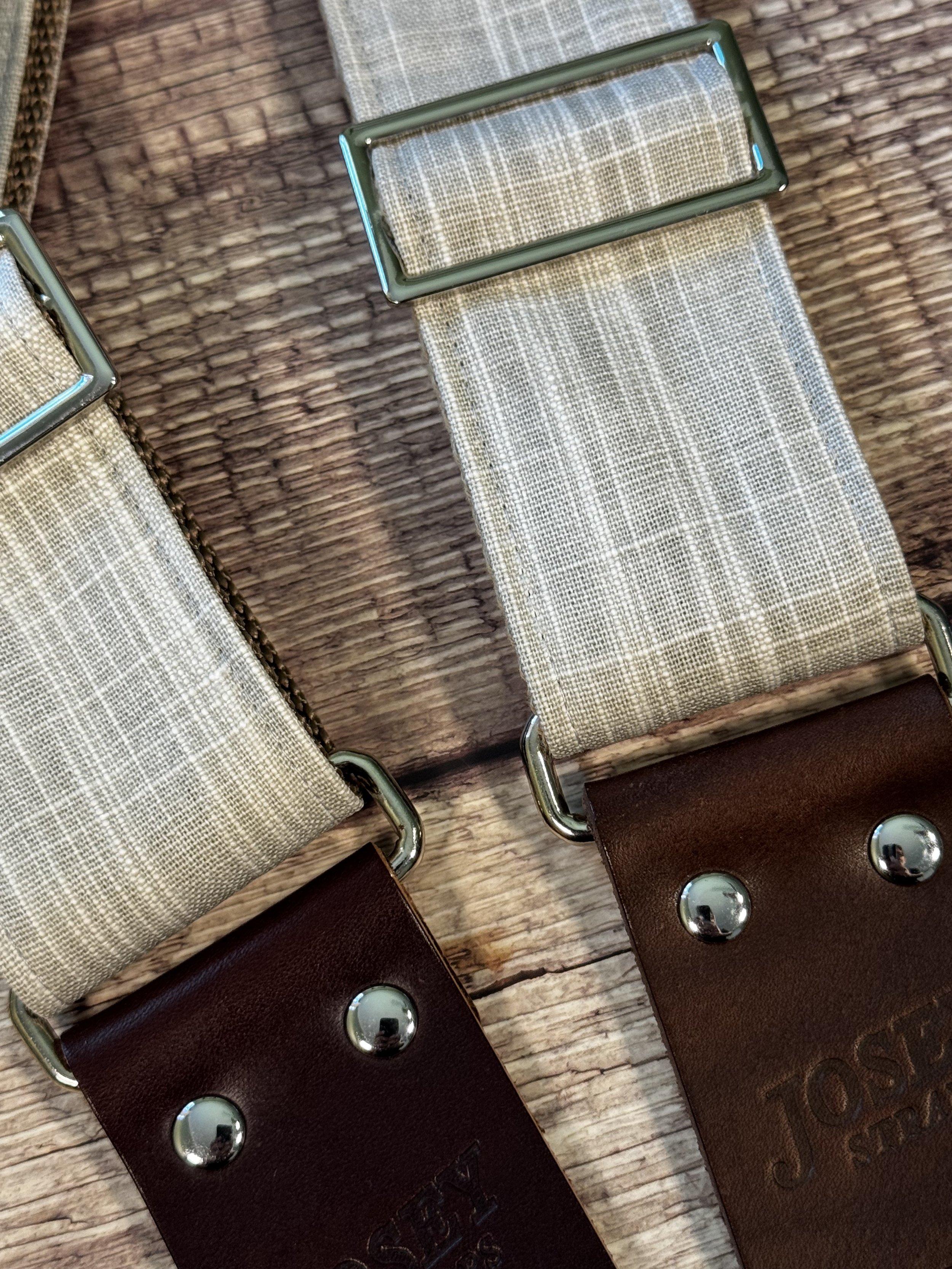 Greige handmade guitar strap by Josey Straps featuring a neutral gray-beige woven fabric and premium leather ends.