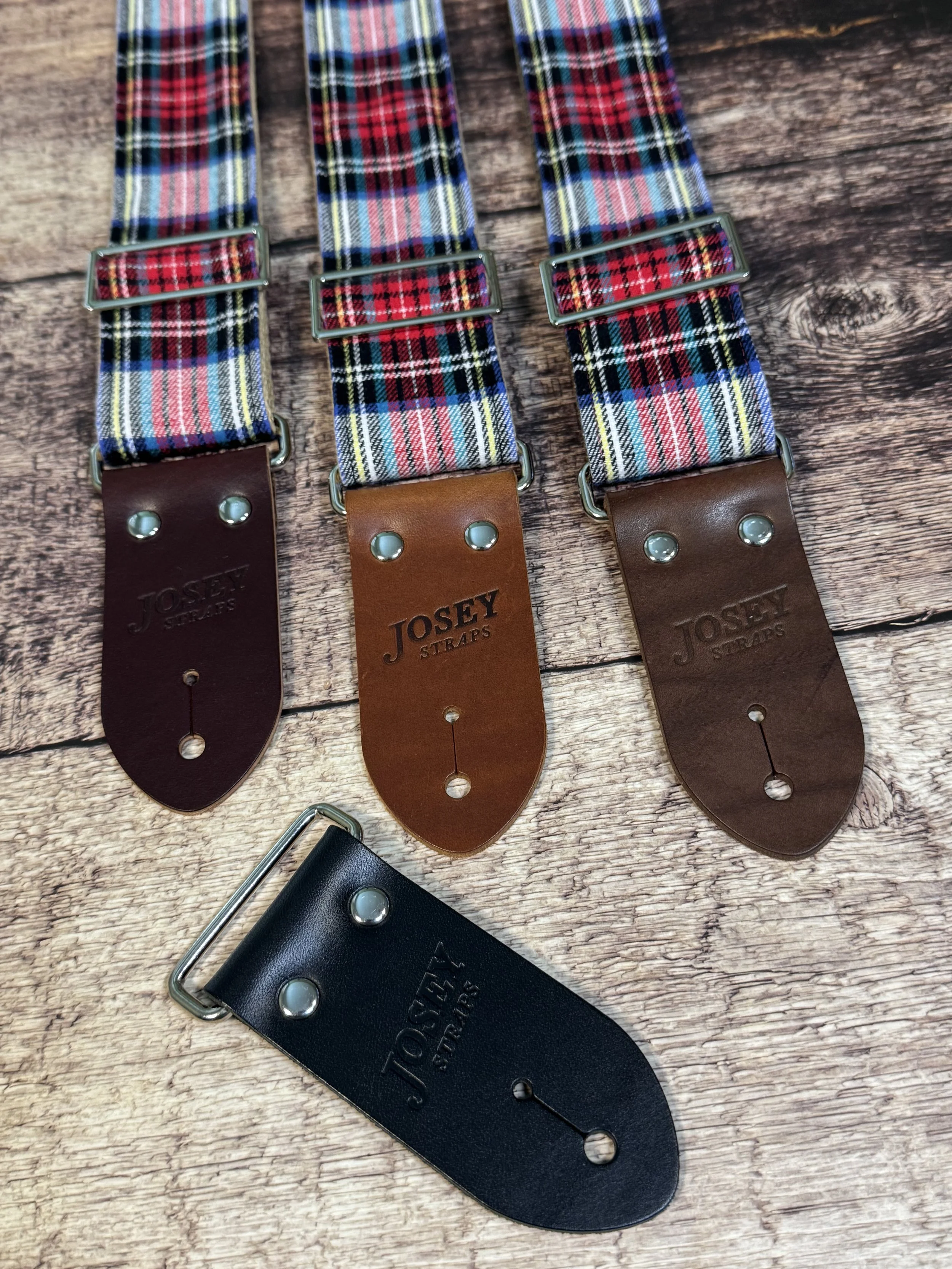 red and blue plaid guitar strap with premium leather ends by Josey Straps