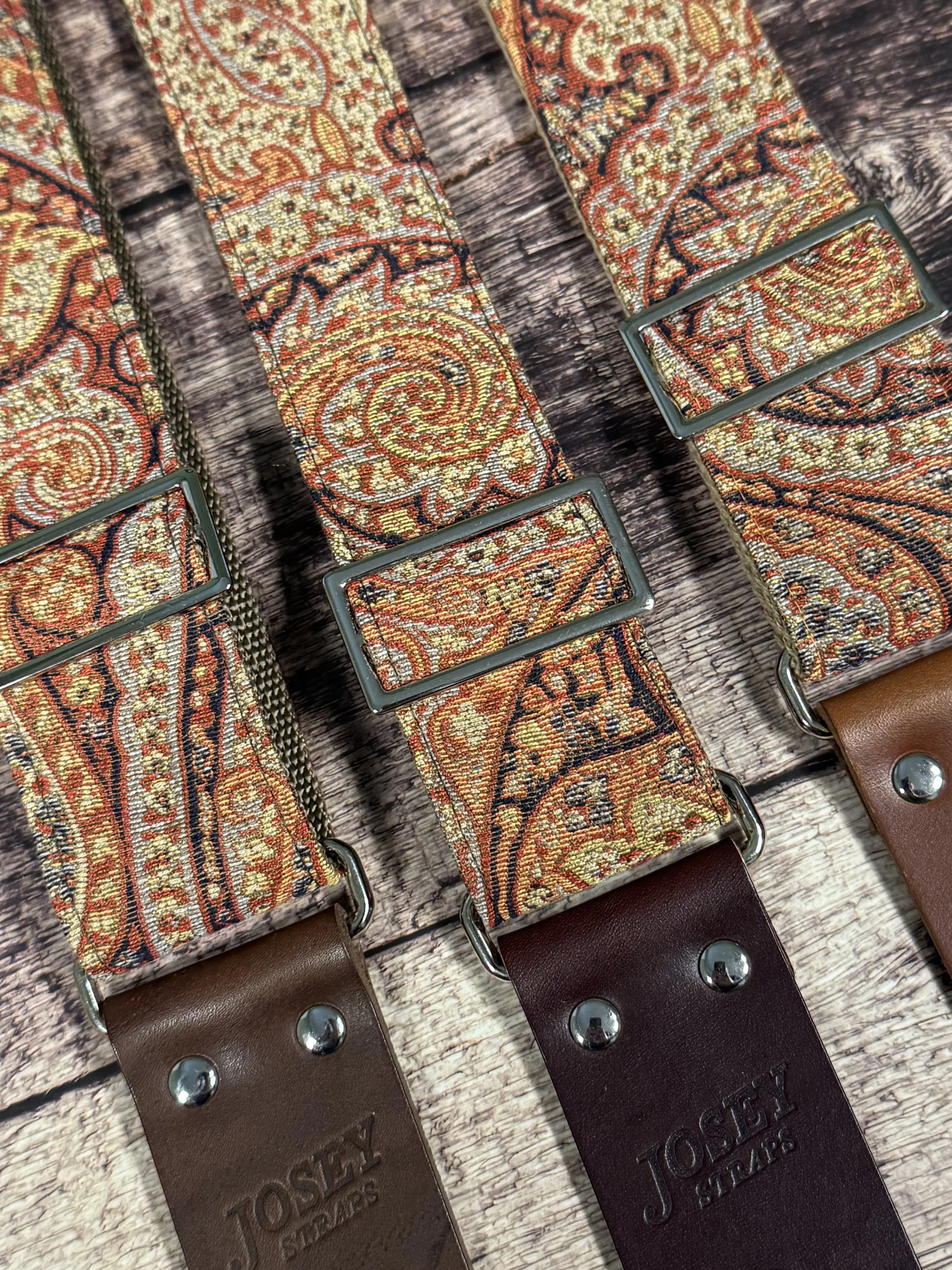 Josey Straps Ottoman guitar strap with vintage paisley tapestry fabric and leather ends.