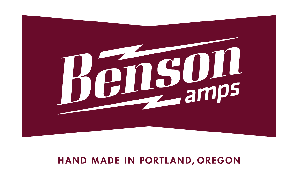 A logo for Benson Amps with the text "Hand Made in Portland, Oregon" below it, featuring a burgundy background and black text.