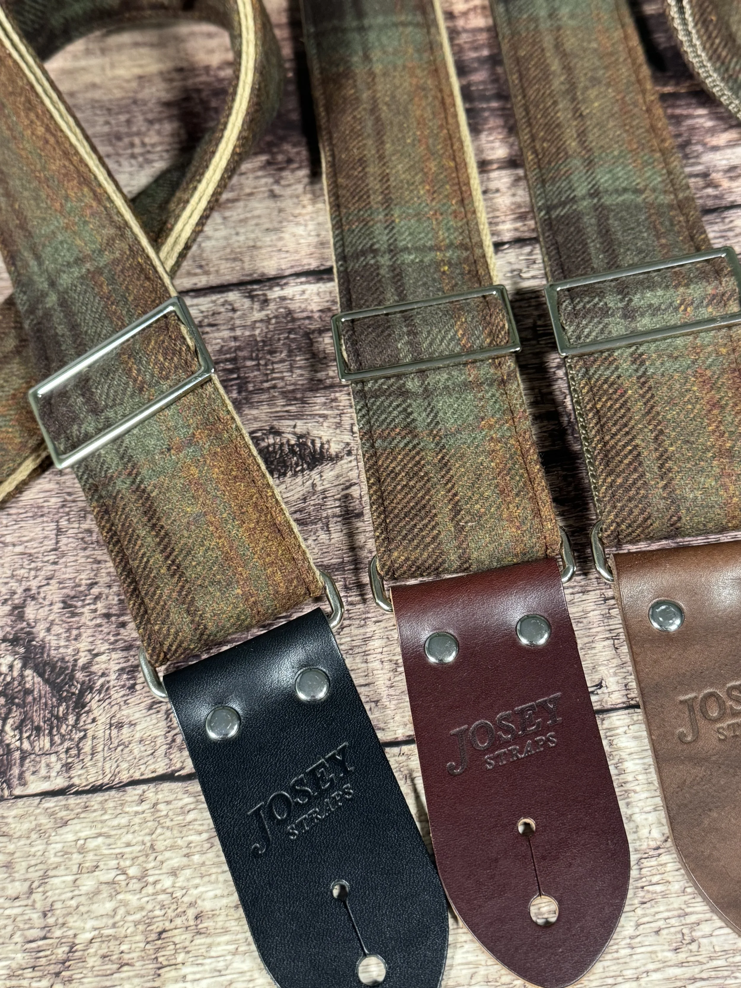 Aberdeen guitar strap featuring vintage plaid fabric and premium leather ends, handmade by Josey Straps
