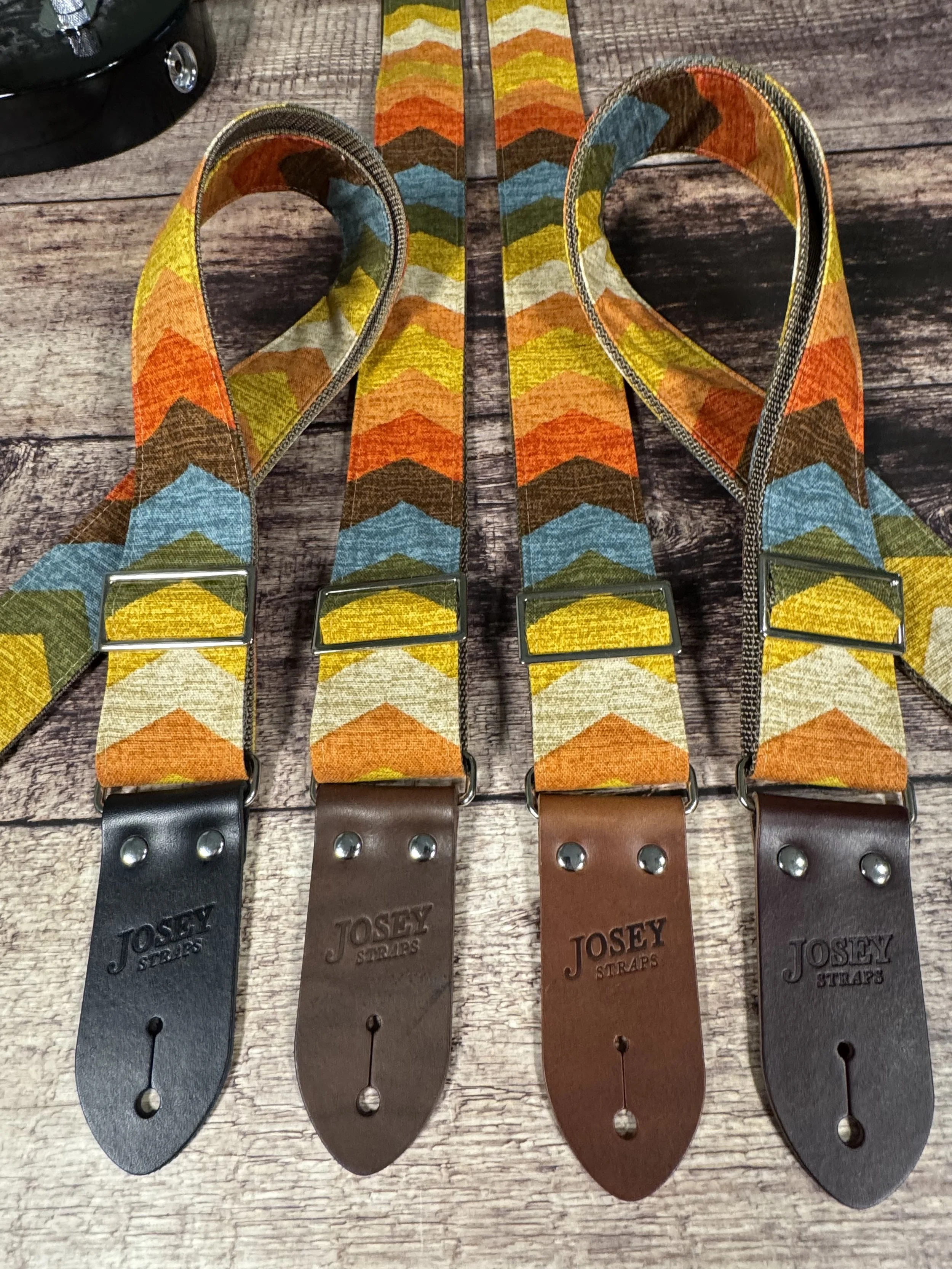 Old Mexico guitar strap by Josey Straps, vintage Southwestern chevron design in earthy tones with leather ends, bold retro style.