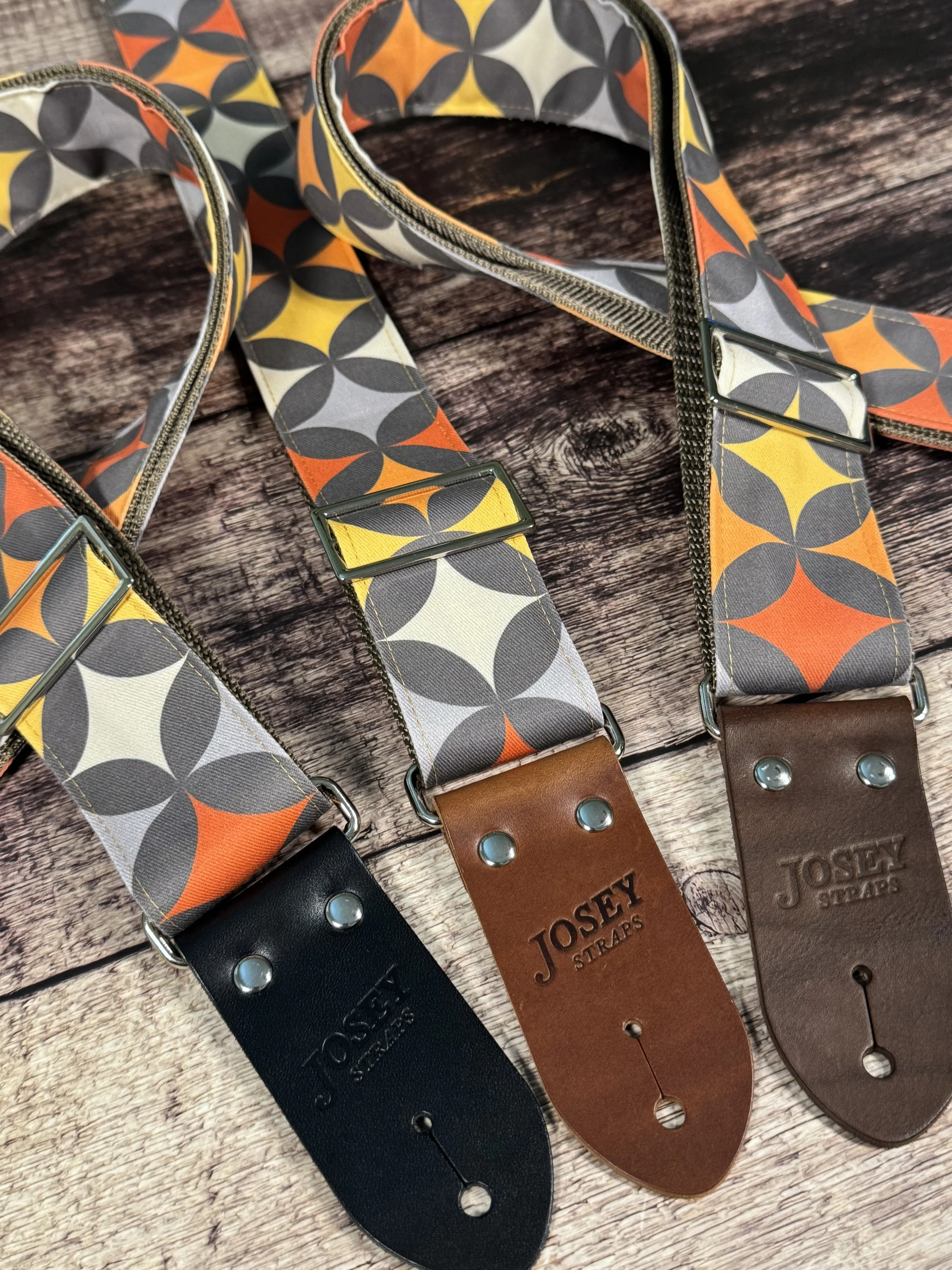Starlight Lounge guitar strap by Josey Straps with retro mid-century geometric design and premium leather ends.