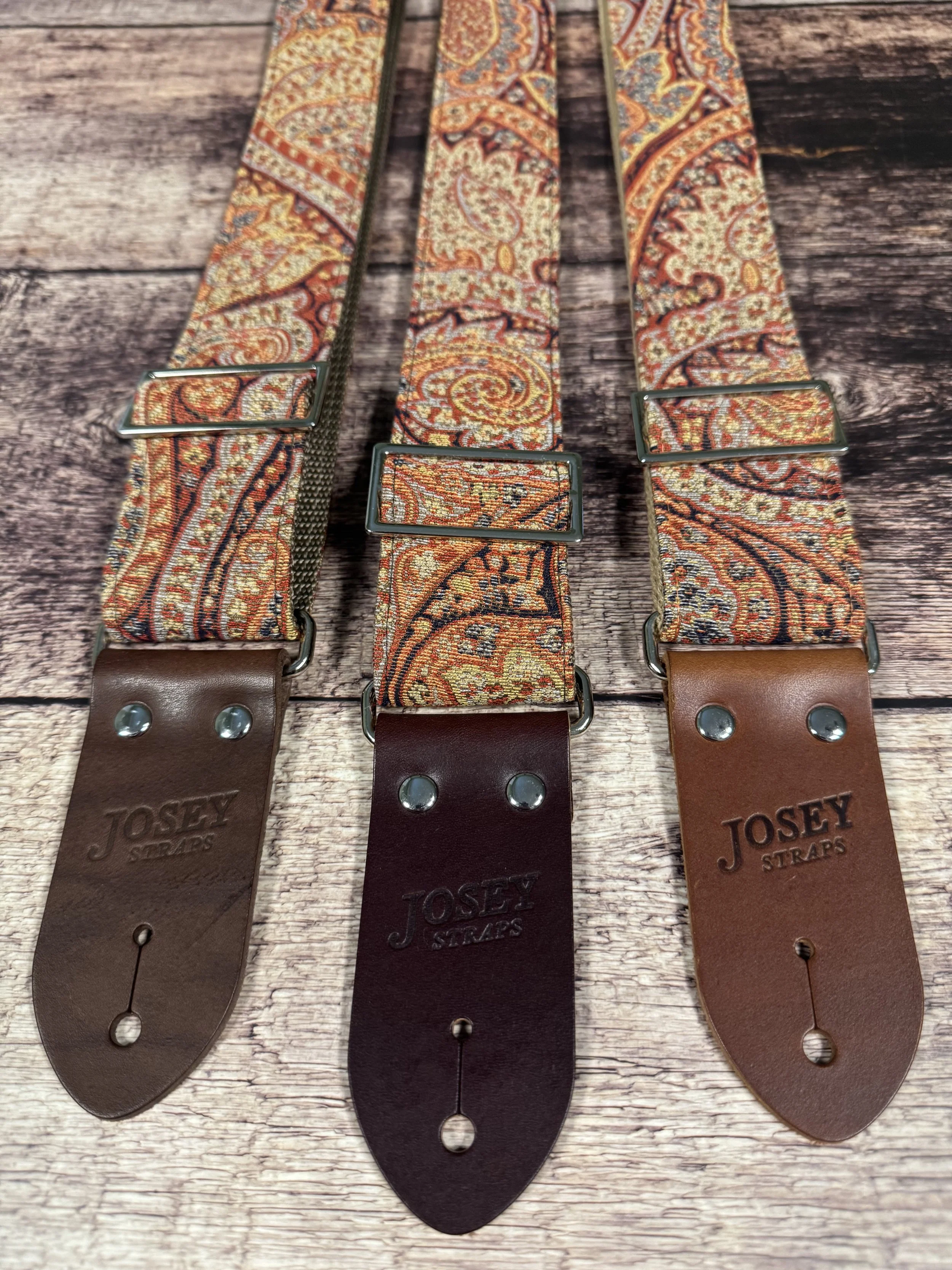 Josey Straps Ottoman guitar strap with vintage paisley tapestry fabric and leather ends.