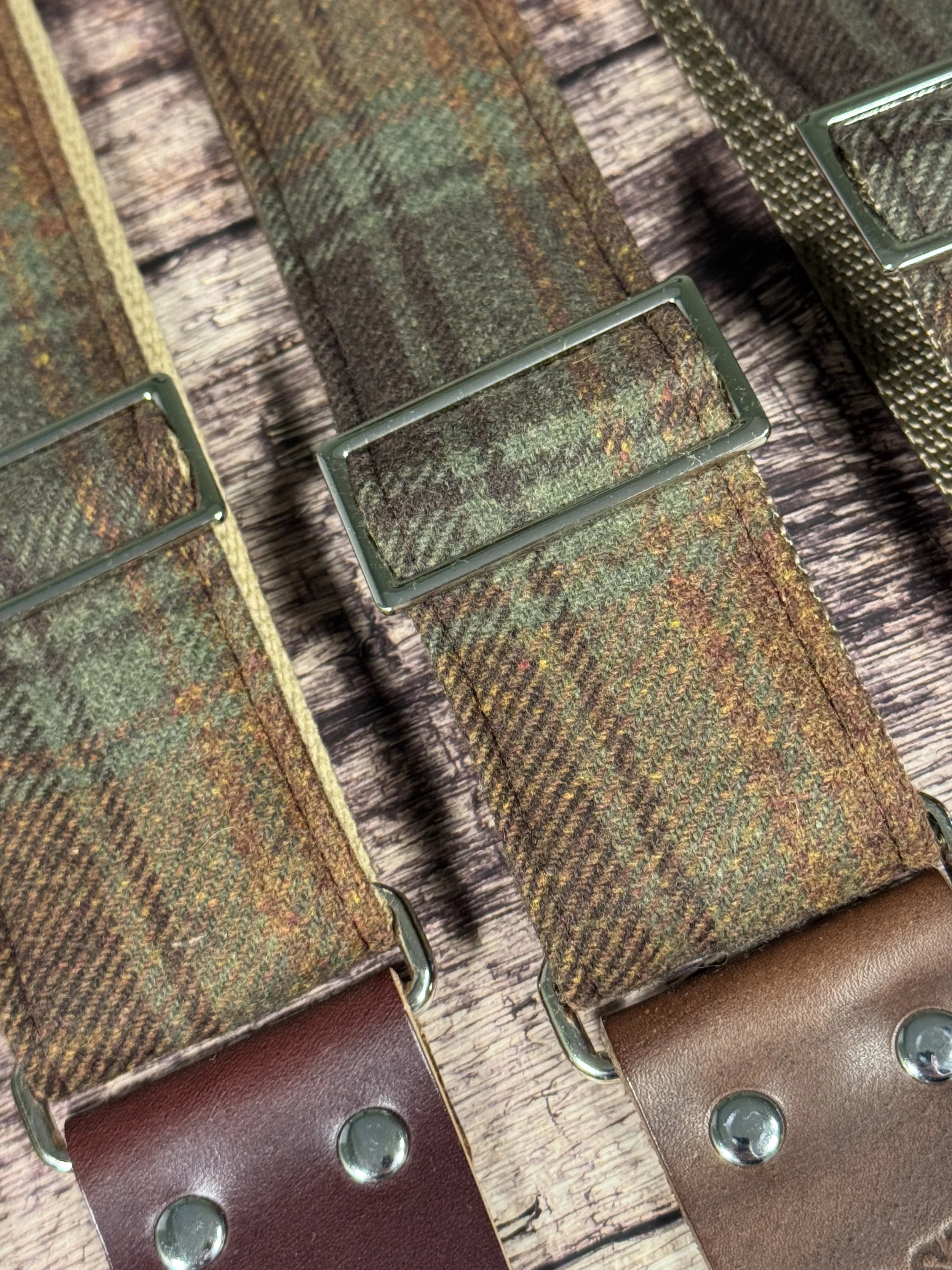 Aberdeen guitar strap featuring vintage plaid fabric and premium leather ends, handmade by Josey Straps