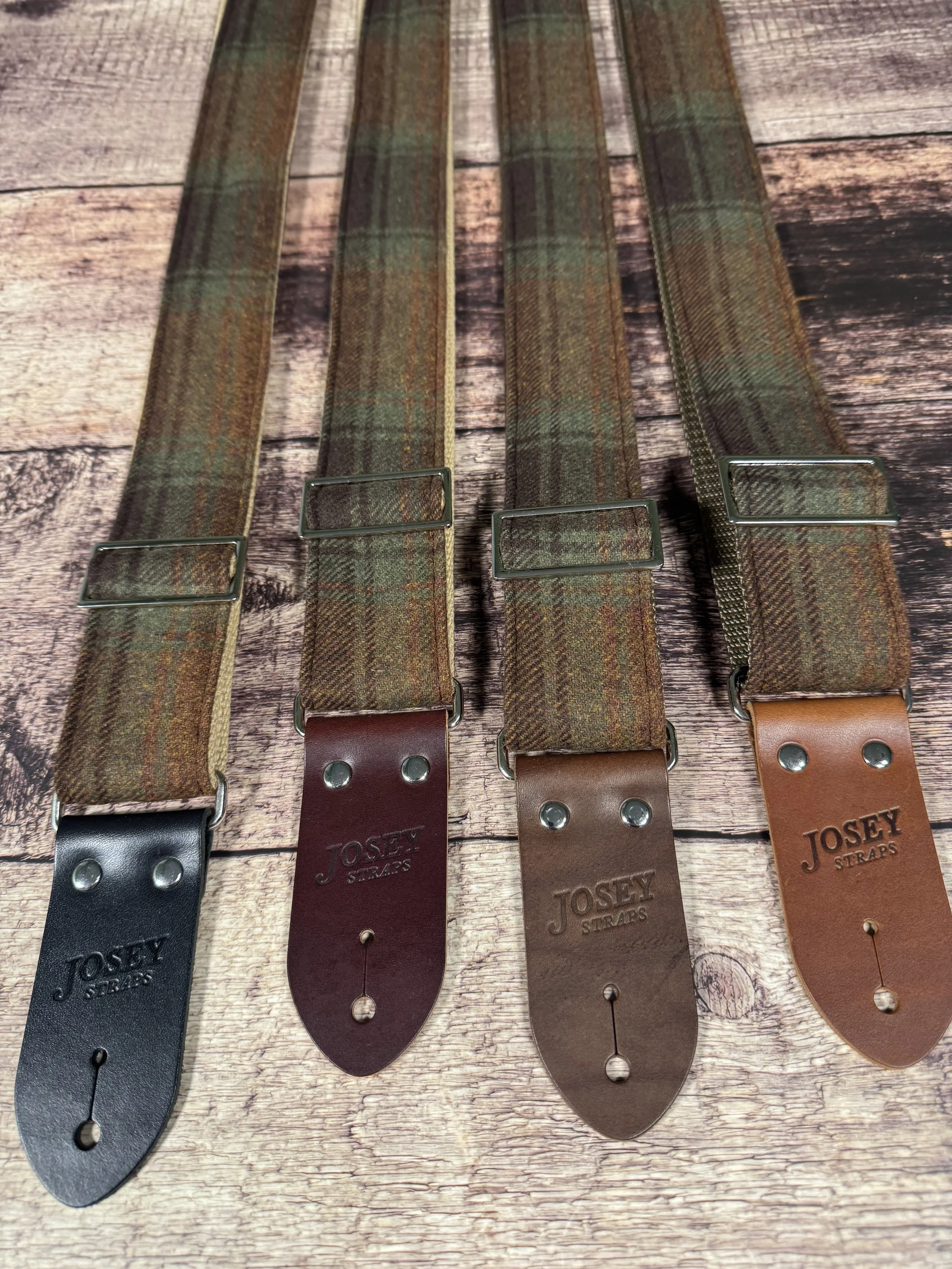 Aberdeen guitar strap featuring vintage plaid fabric and premium leather ends, handmade by Josey Straps