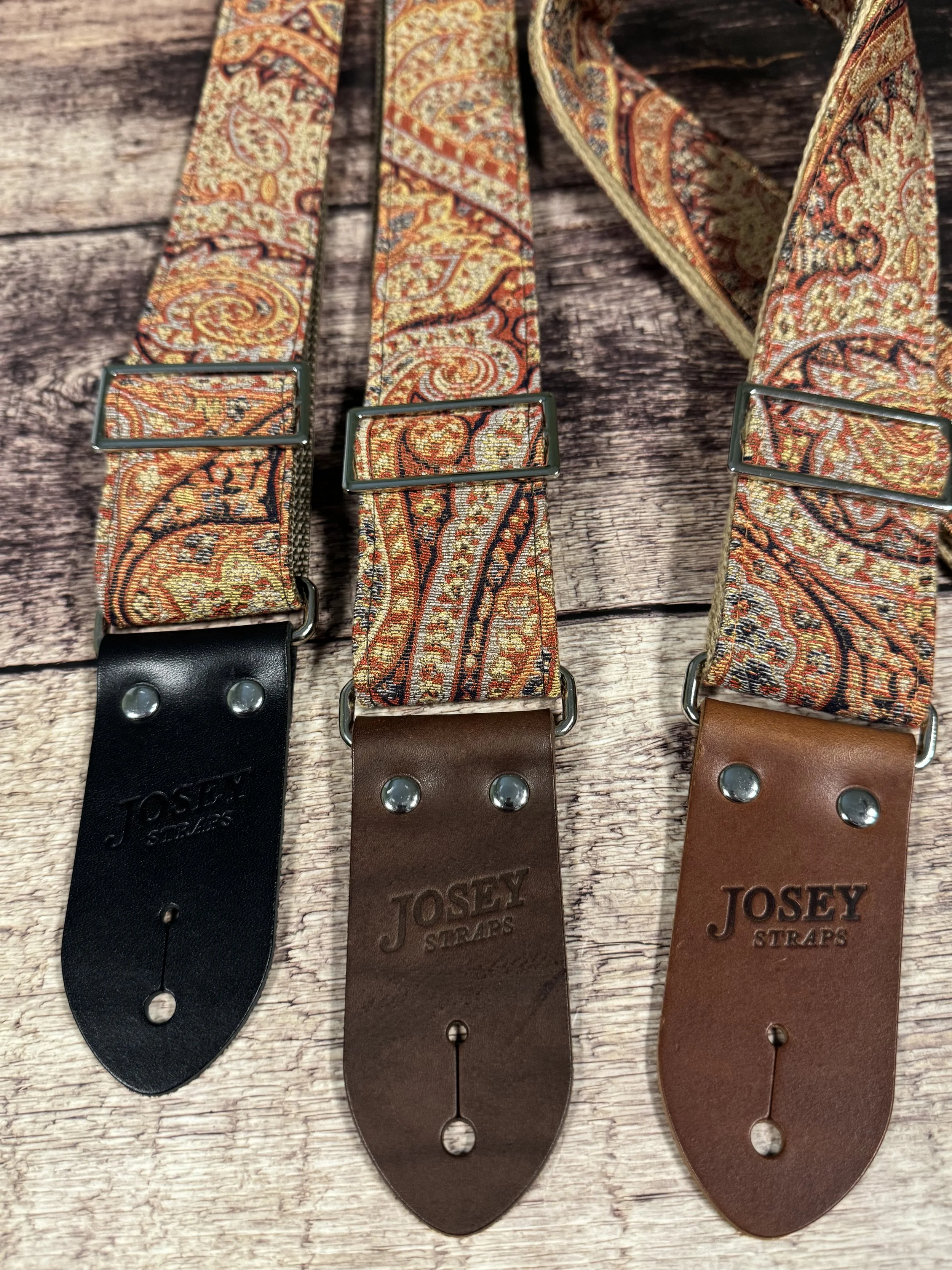 Josey Straps Ottoman guitar strap with vintage paisley tapestry fabric and leather ends.