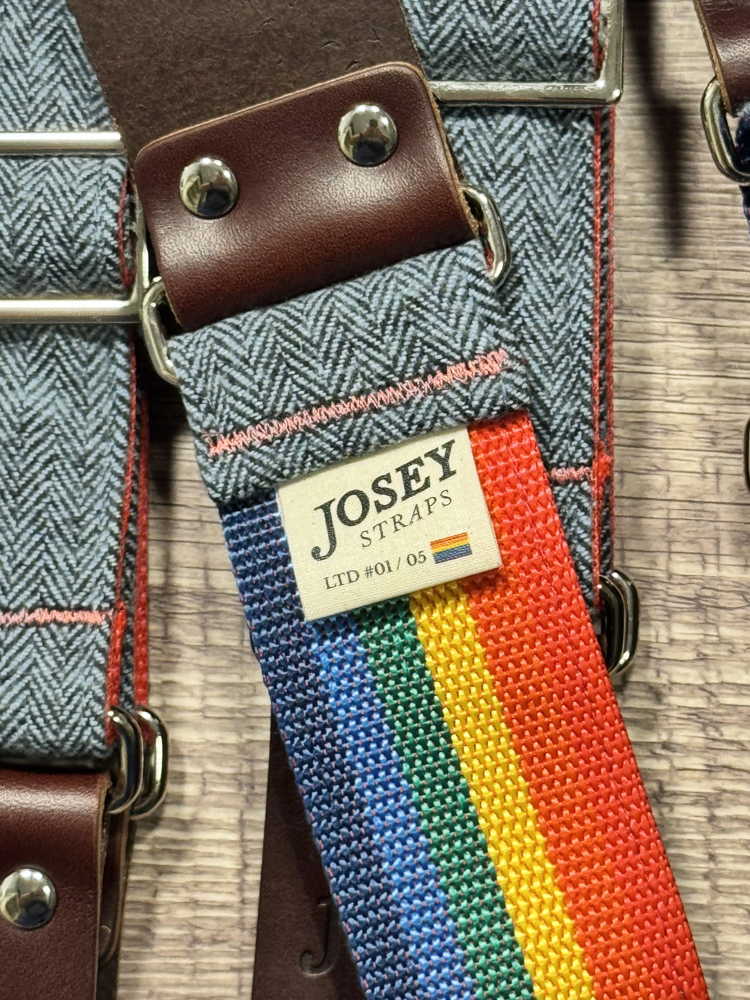 Ally limited-edition guitar strap featuring blue-on-blue herringbone flannel, rainbow backing, and Sunset leather ends by Josey Straps