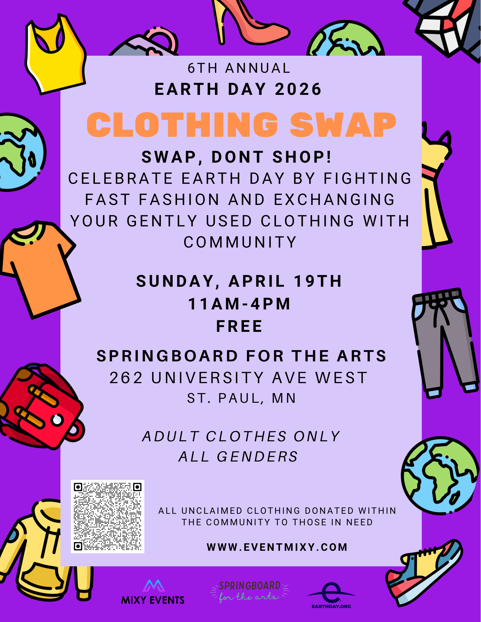 Flyer for the 6th Annual Earth Day 2026 Clothing Swap event featuring colorful illustrations of clothing items, shoes, a globe, and a backpack. The event is on Sunday, April 19th, from 11 am to 4 pm at Springboard for the Arts, 262 University Ave Wes