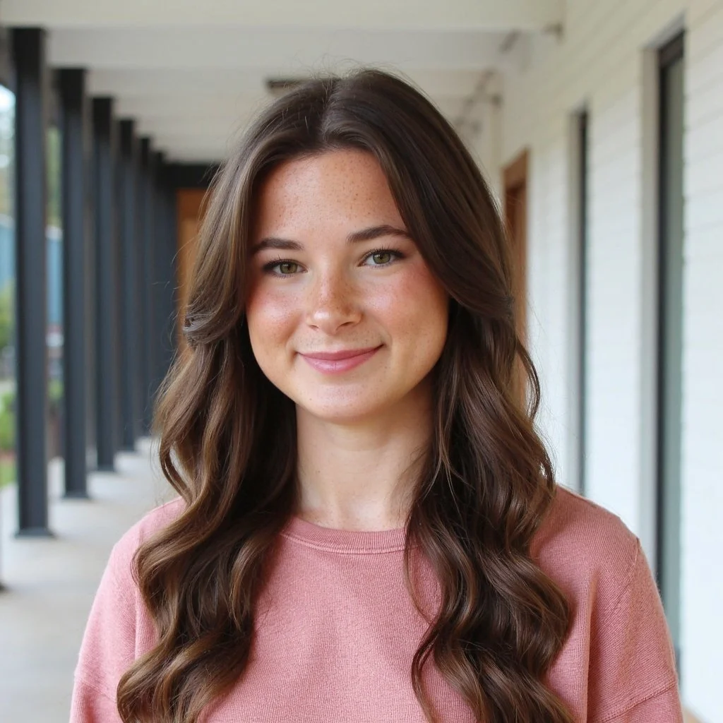 Portrait of a young woman with long, wavy brown hair, light skin, freckles, wearing a pink sweatshirt, smiling in a hallway with white walls and large windows.