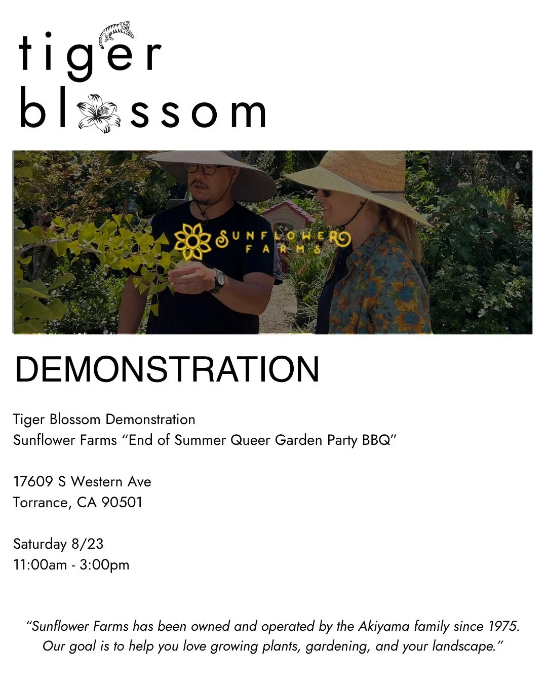 I am so incredibly excited and honored to be invited to demonstrate at Sunflower Farms / @sunflowerfarms_nursery on August 23rd 🌻  for their &ldquo;End of Summer Queer Garden Party BBQ&rdquo;! 

Demo @ 11am &amp; 1pm 🌱

No tickets needed! Just come
