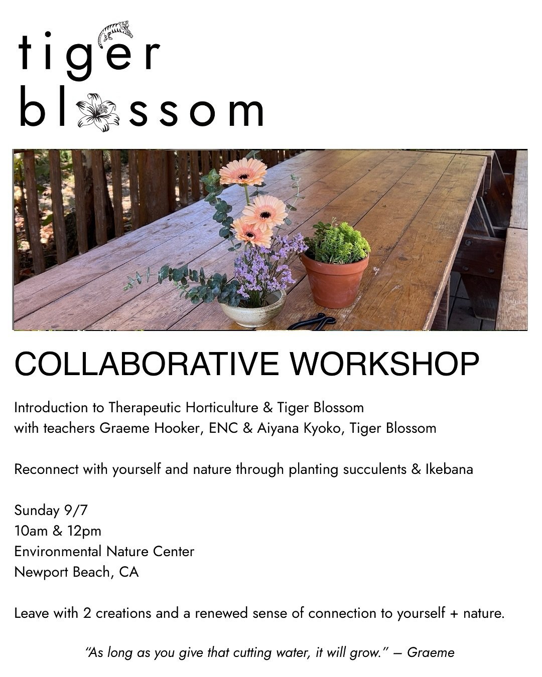 Come join us for a collaborative Therapeutic Horticulture &amp; Tiger Blossom workshop at the lovely @environmentalnaturecenter 🌱

@graemehooker of the ENC &amp; I are excited to share how very simple small things can actually be quite significant. 