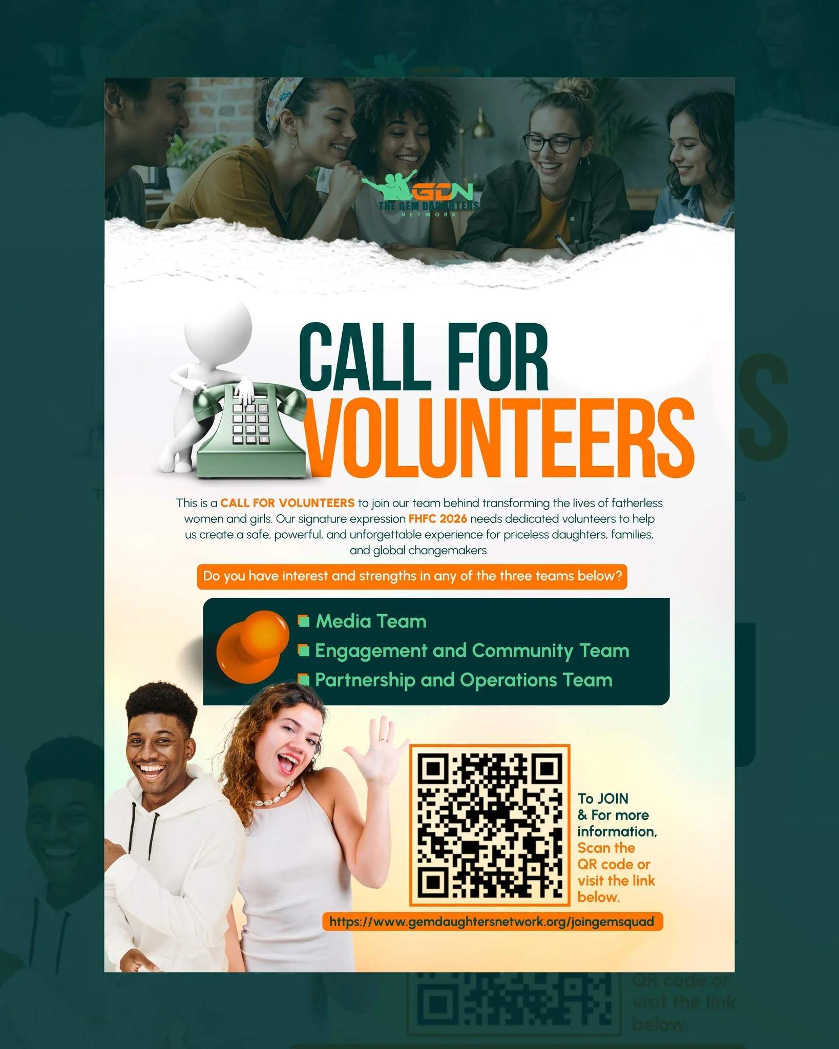 The future we dream of is waiting for hands like yours. WILL YOU STEP FORWARD?

Join the GEM Squad for FHFC 2026 and help us transform the lives of daughters, families, and communities.

We are seeking volunteers with strengths in:
- Media &amp; Comm