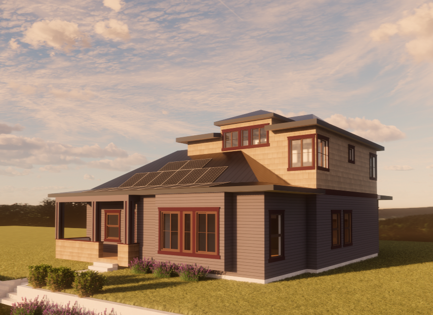 The addition is clad in cedar shakes