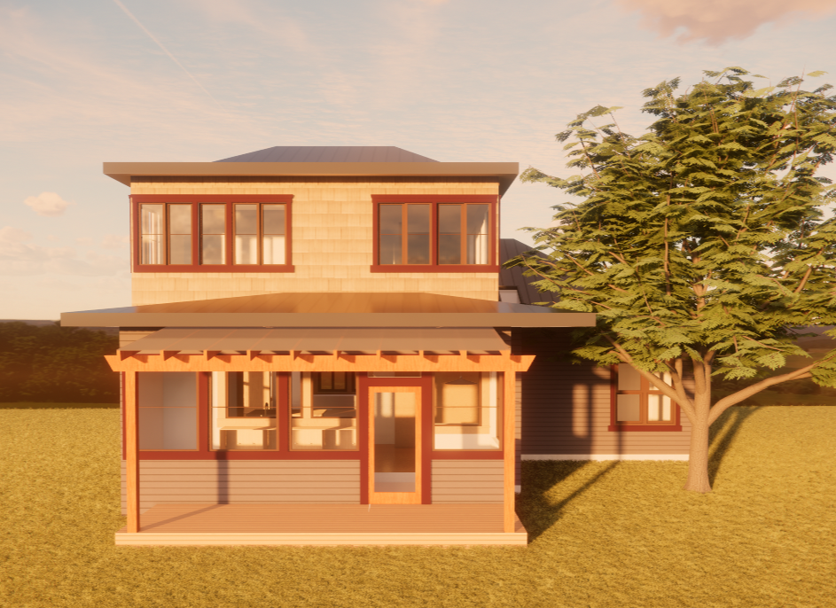 The back of the house is bathed in early morning light 