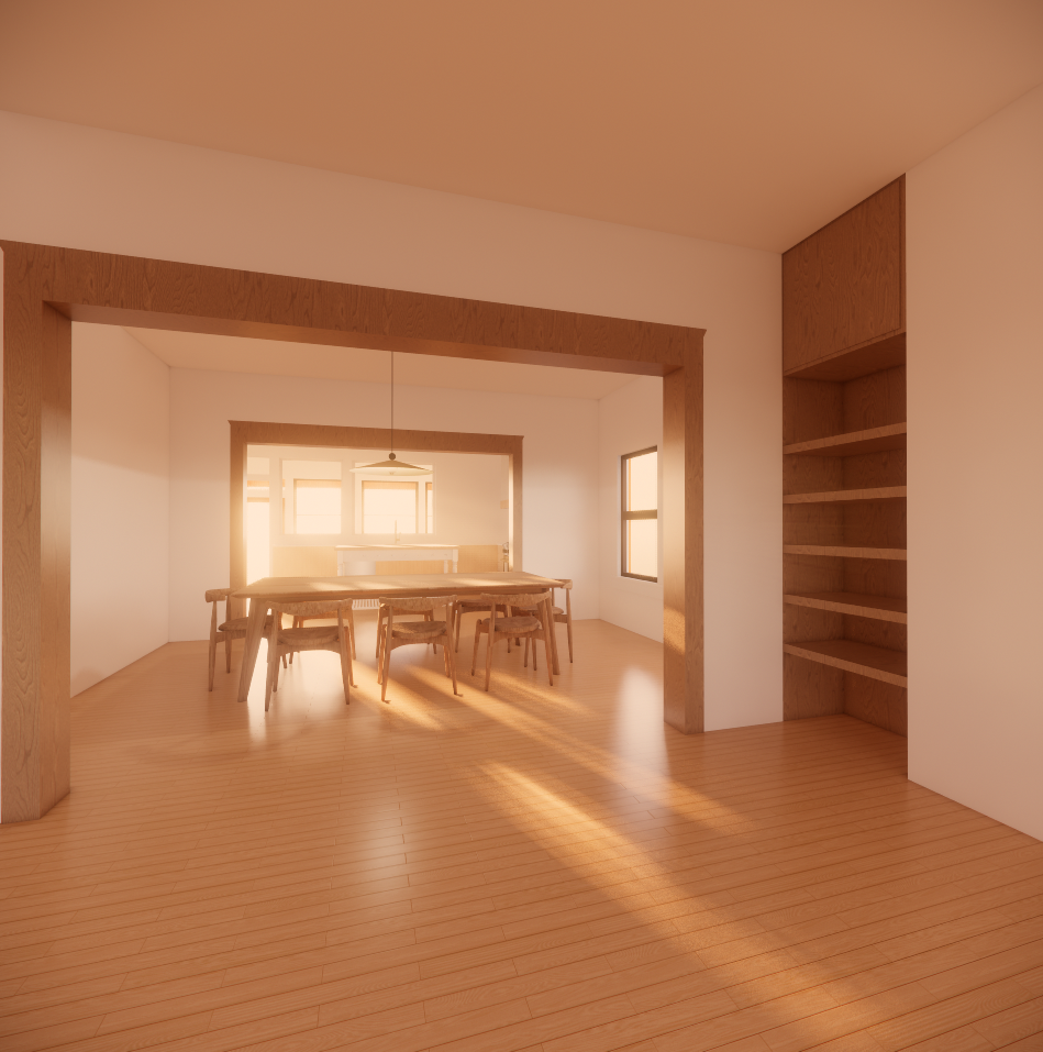 Morning light filters through the kitchen into the dining room