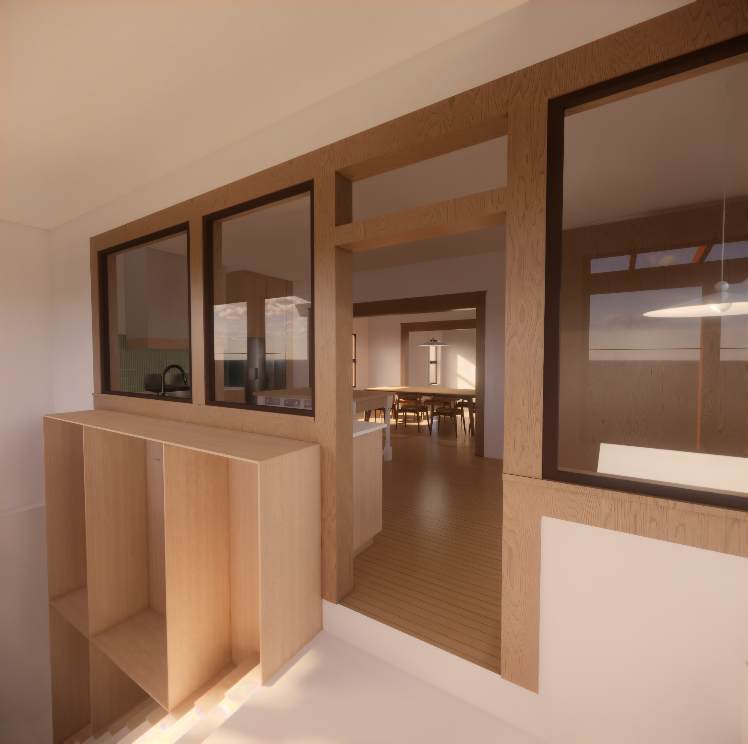 Storage cubbies line the way to the basement