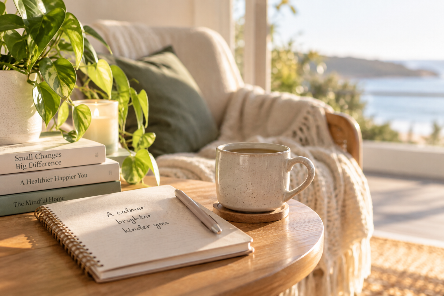 Warm, sunlit home corner with a journal, pen, cup of tea, books and a leafy plant on a wooden table, representing mental health occupational therapist support on Sydney's Northern Beaches.