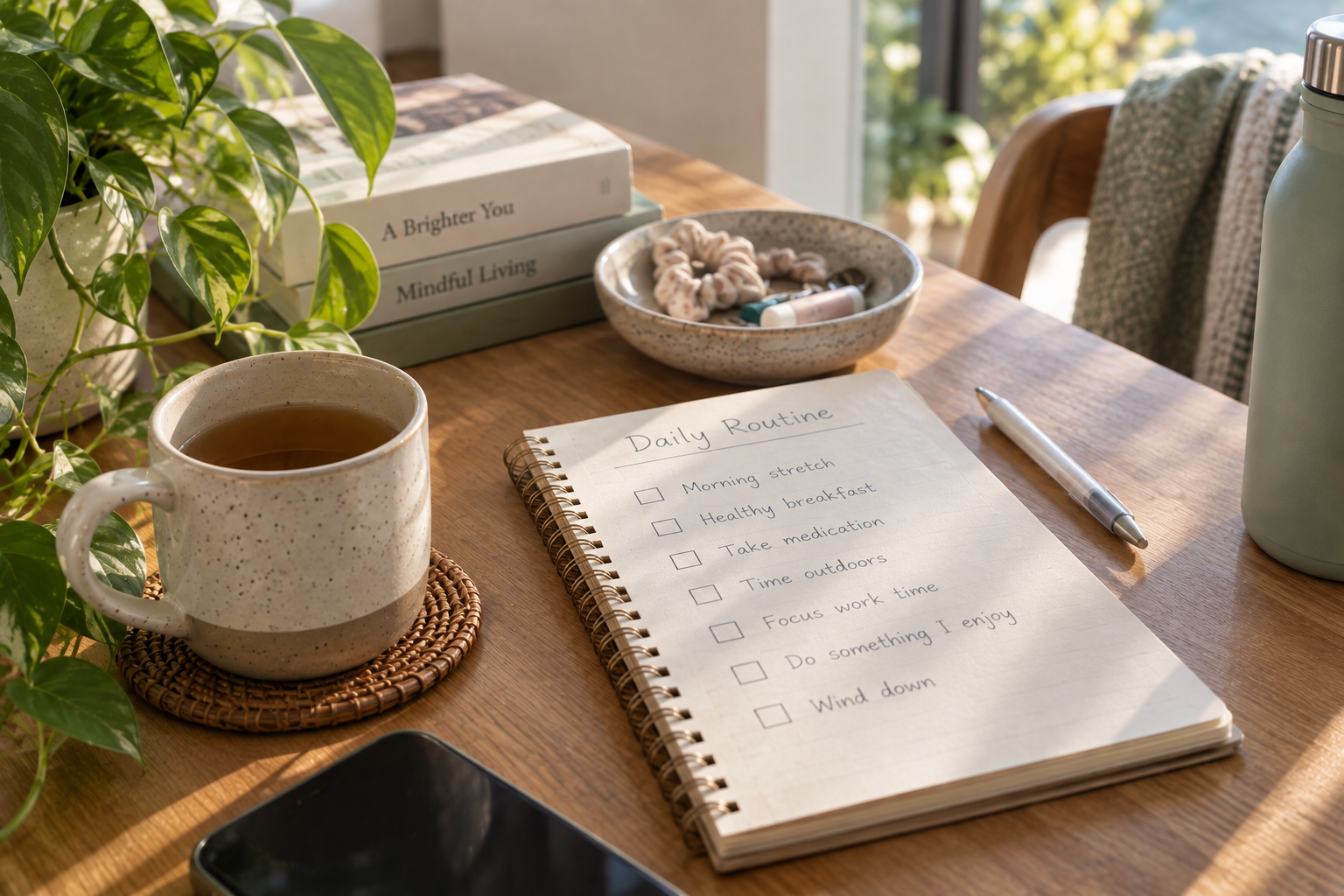 A cozy home workspace with a “Daily Routine” notebook and pen on a wooden table, alongside a cup of tea, houseplant, books and everyday items, showing practical daily routine strategies from a mental health occupational therapist.