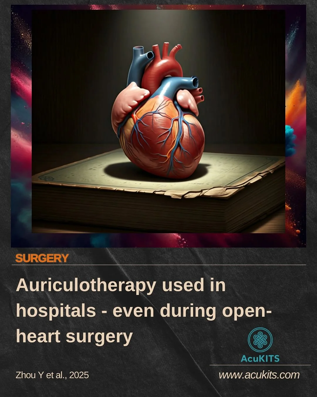 📚 New Research shows auriculotherapy can reduce perioperative pain and analgesic use. 
Zhou et al., 2025 (Systematic Review):

In perioperative settings (including cardiac surgery), auricular acupuncture significantly reduced pain intensity and the 