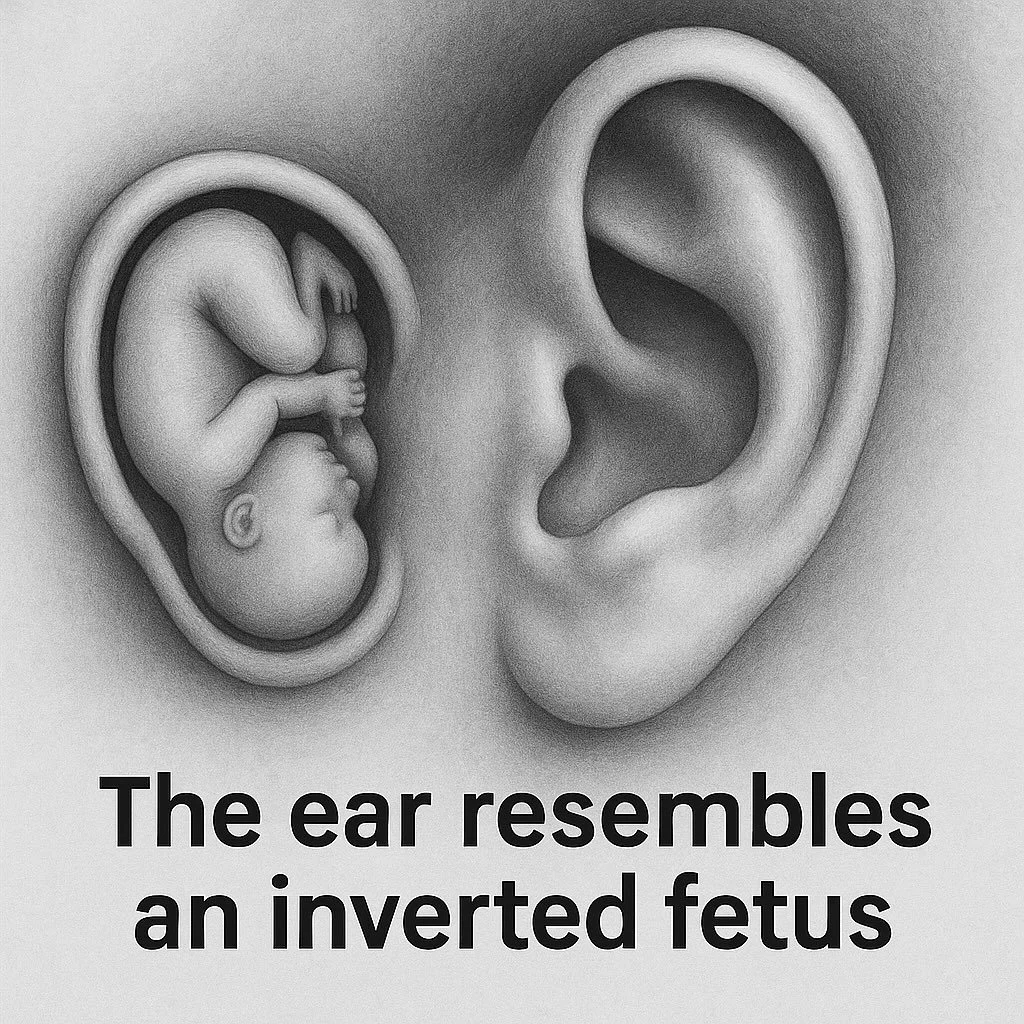 👂 Did you know?

The external ear resembles an inverted fetus in the womb &mdash; a discovery made by Dr. Paul Nogier, the founder of modern auriculotherapy.

Paul Nogier, the French neurosurgeon/ neurologist who pioneered auriculotherapy in the 195