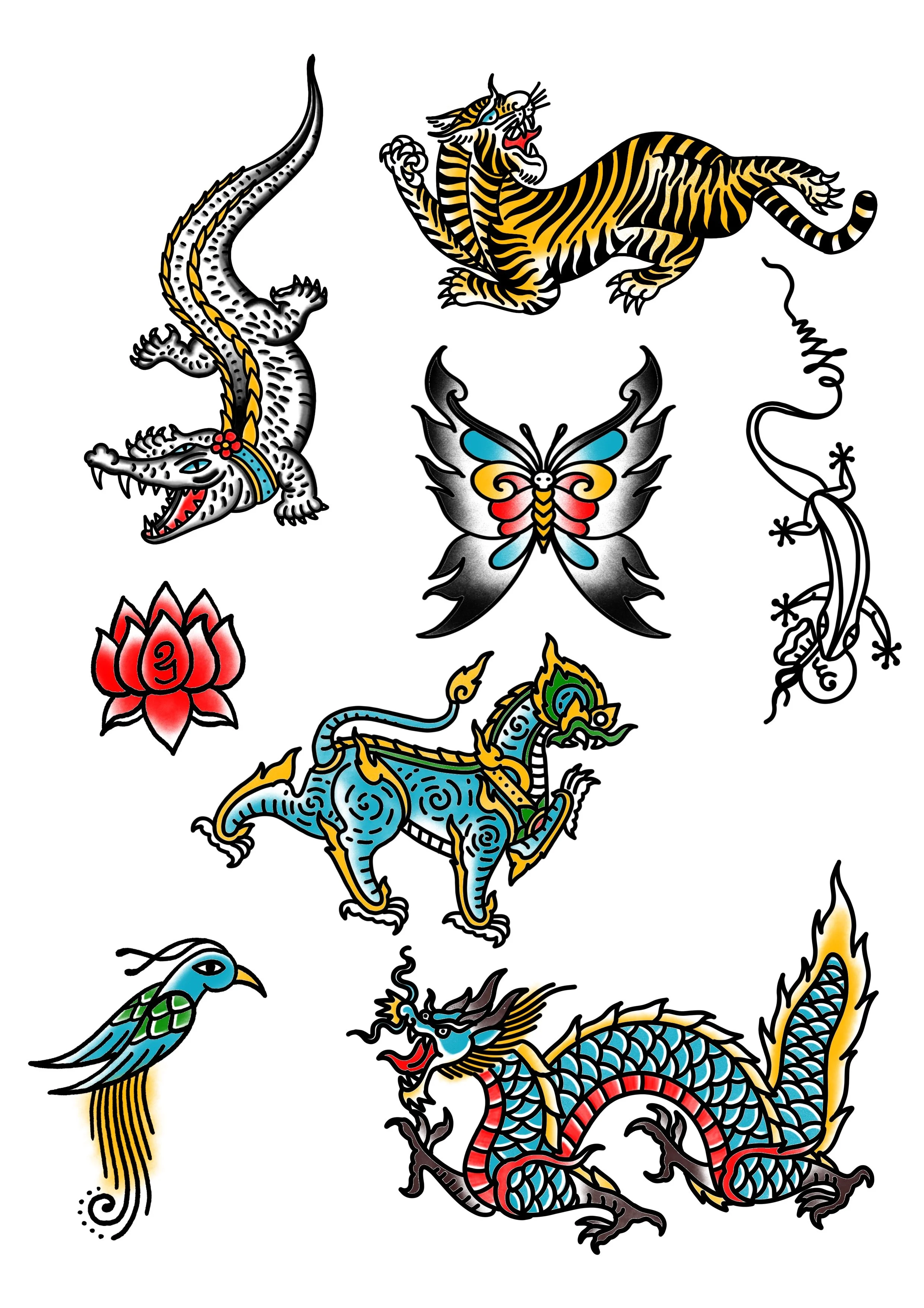 Colorful tattoo-style illustration of a Thai dragon intertwined with red roses, with a ribbon at the bottom reading "Thai Spirit" and small stars surrounding the dragon.