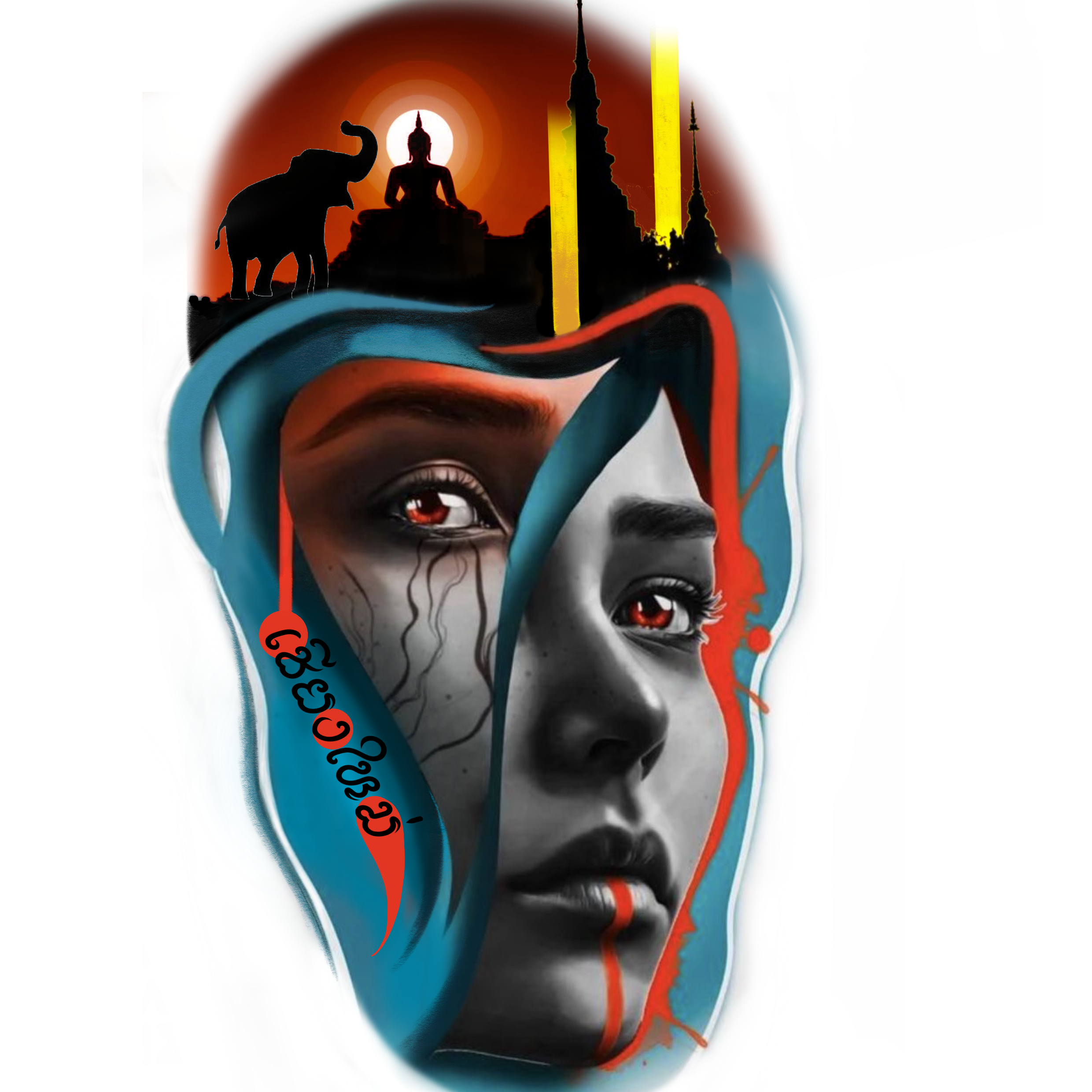 Tattoo-style illustration of a red elephant wearing a golden crown and jewelry, with flowers and banners reading "Thailand" against a beige background.