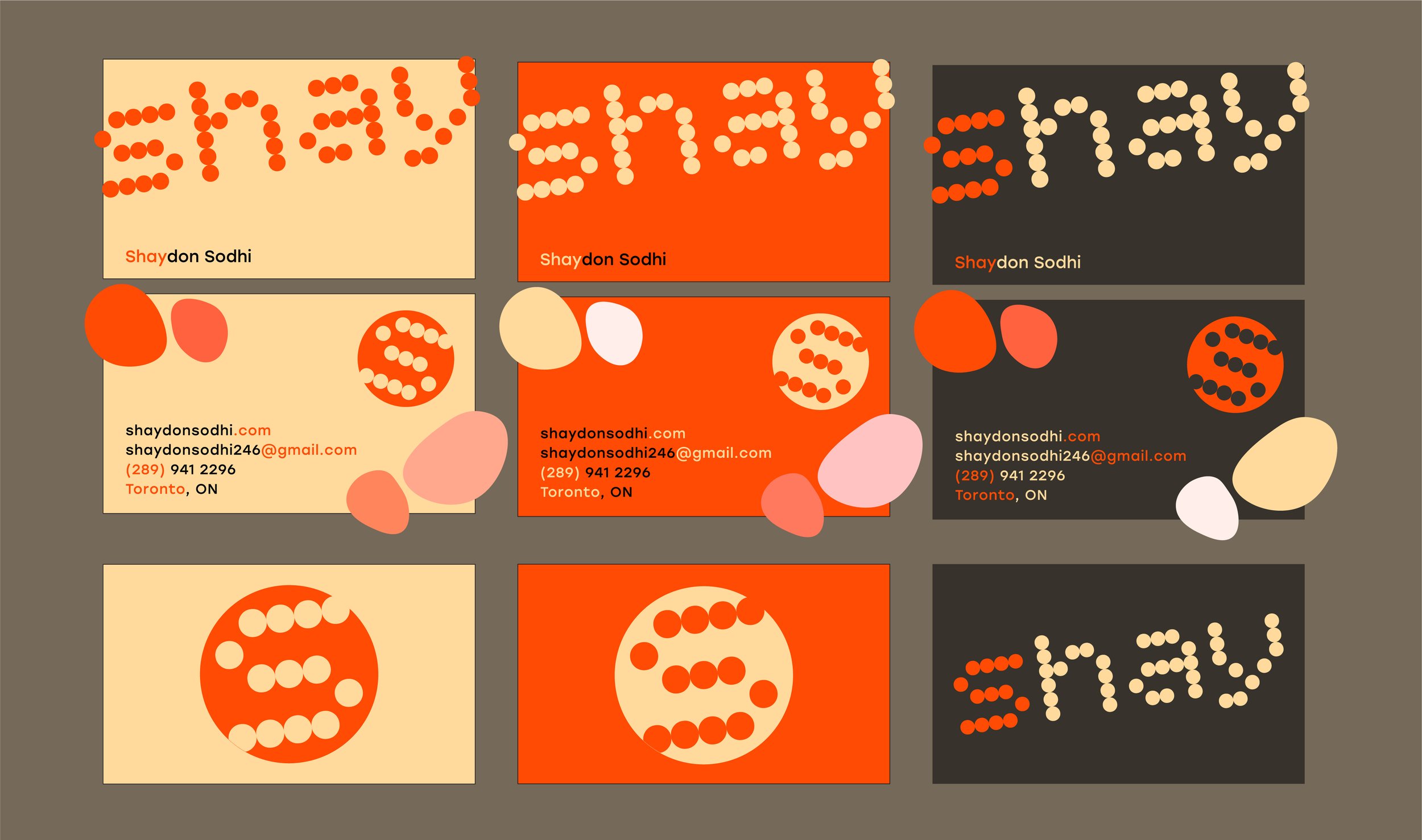 The business cards also consisted of the three colours within the palette, accompanied by secondary graphic elements to fill the negative space, add visual interest, maintain balance, and lead the viewer's eye toward important information.
