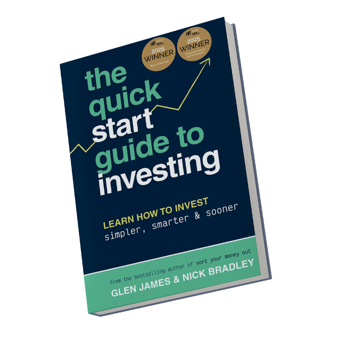 Book titled 'The Quick Start Guide to Investing' by Glen James and Nick Bradley, with awards for 2025 indicating it as a winner in personal finance and investment, and a subtitle about learning how to invest.