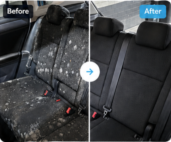 Rear fabric car seats before and after professional mould cleaning and full interior treatment in Sydney
