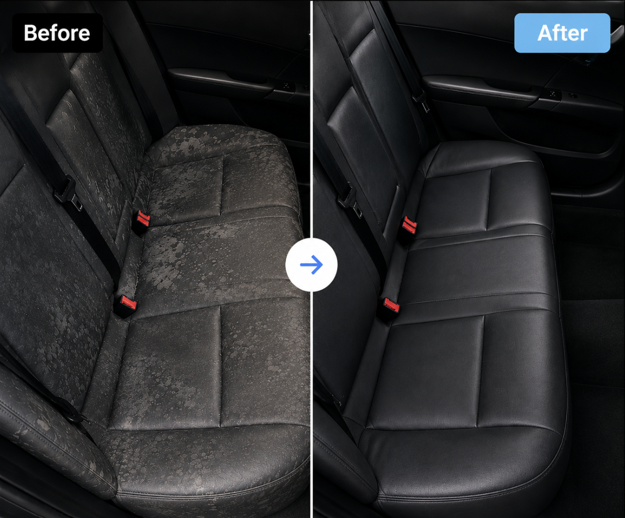 Rear leather car seats before and after professional mould removal and full interior treatment in Sydney