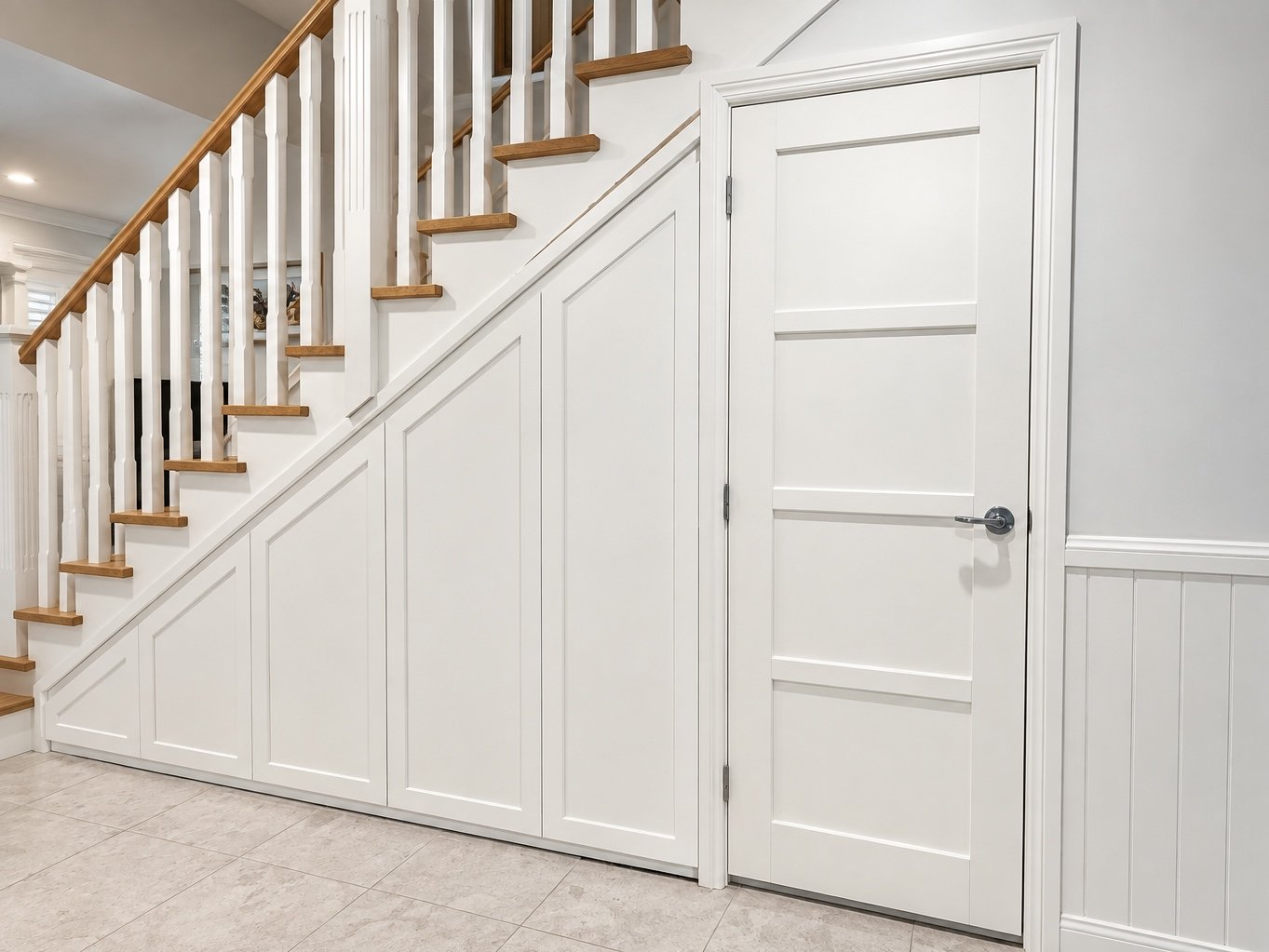 Completed custom under-stairs cabinetry in Murrays Beach with Shaker-style doors and a seamless white finish.