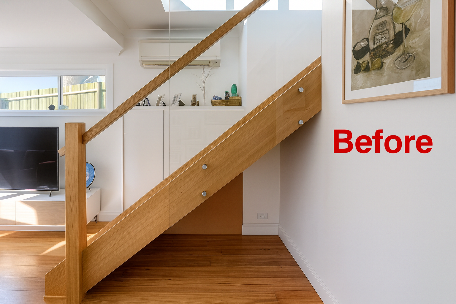 Custom under stairs storage solution with timber staircase and concealed cabinetry doors -Sydney