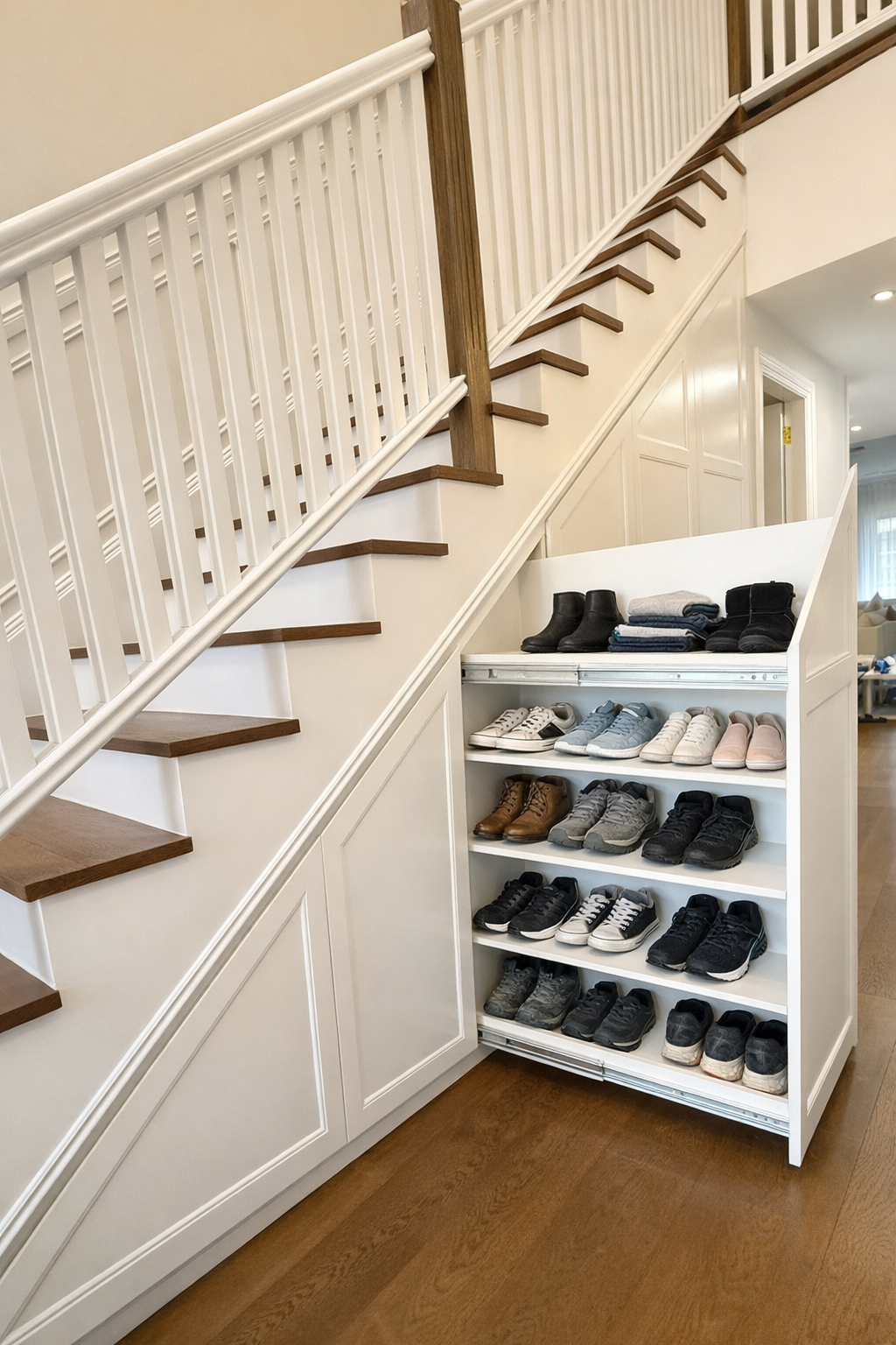 Custom under stairs cabinetry with shaker panels and built-in storage beneath staircase in Sydney home
