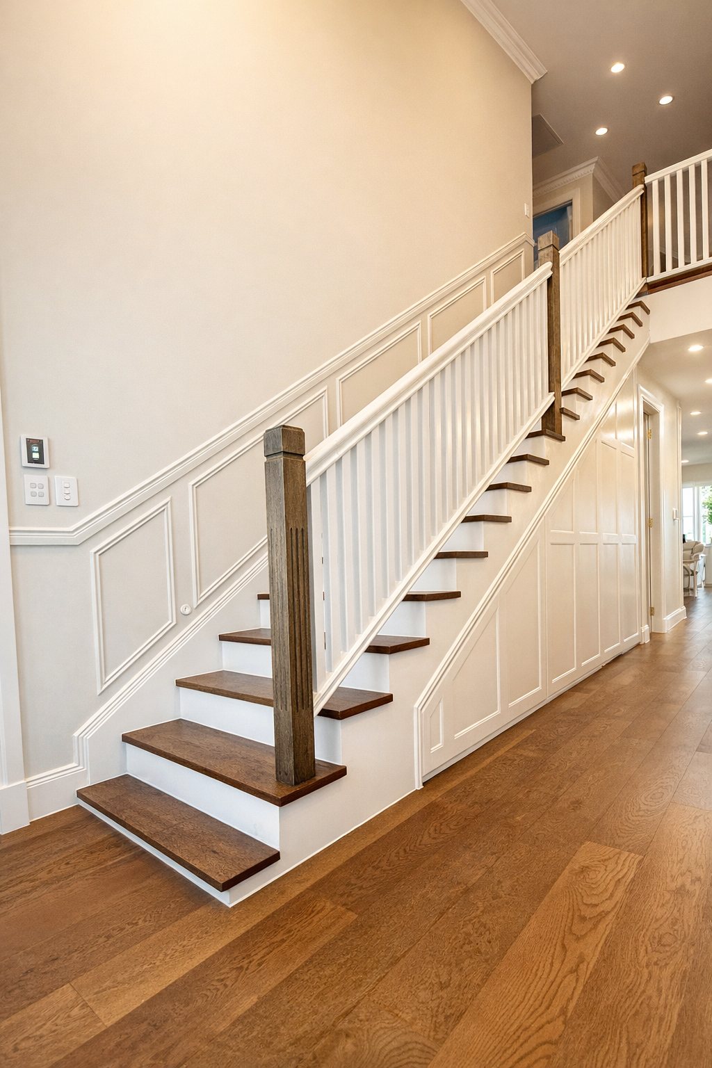Under stairs storage solution with pull-out drawers and cupboards, custom cabinetry Sydney NSW