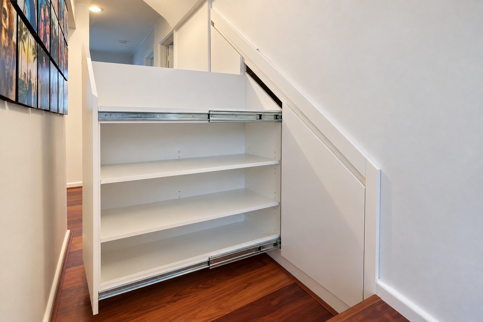Full-depth under-stairs pull-out storage with shelving in Neutral Bay
