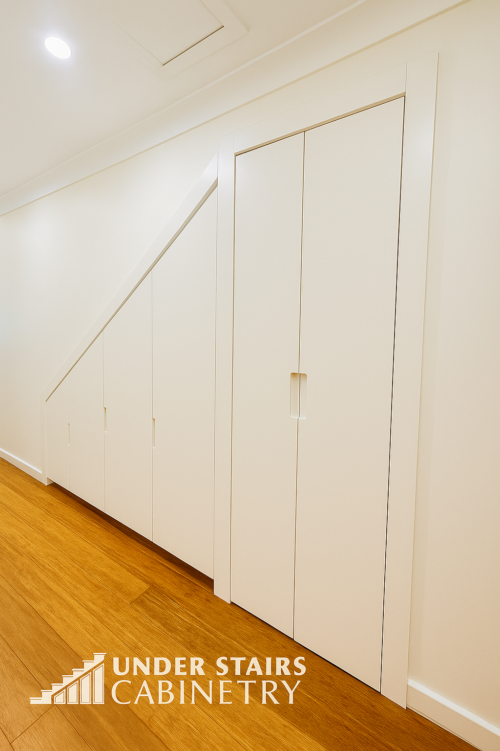 After installation of custom under stairs cabinetry with white polyurethane finish