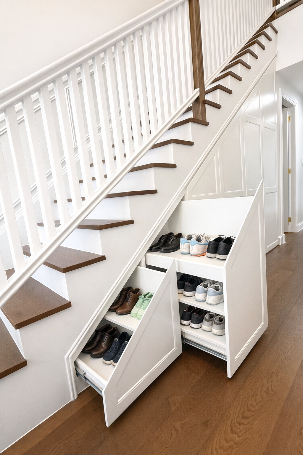 Bespoke under stairs storage with white shaker cabinetry and timber staircase, custom joinery Sydney