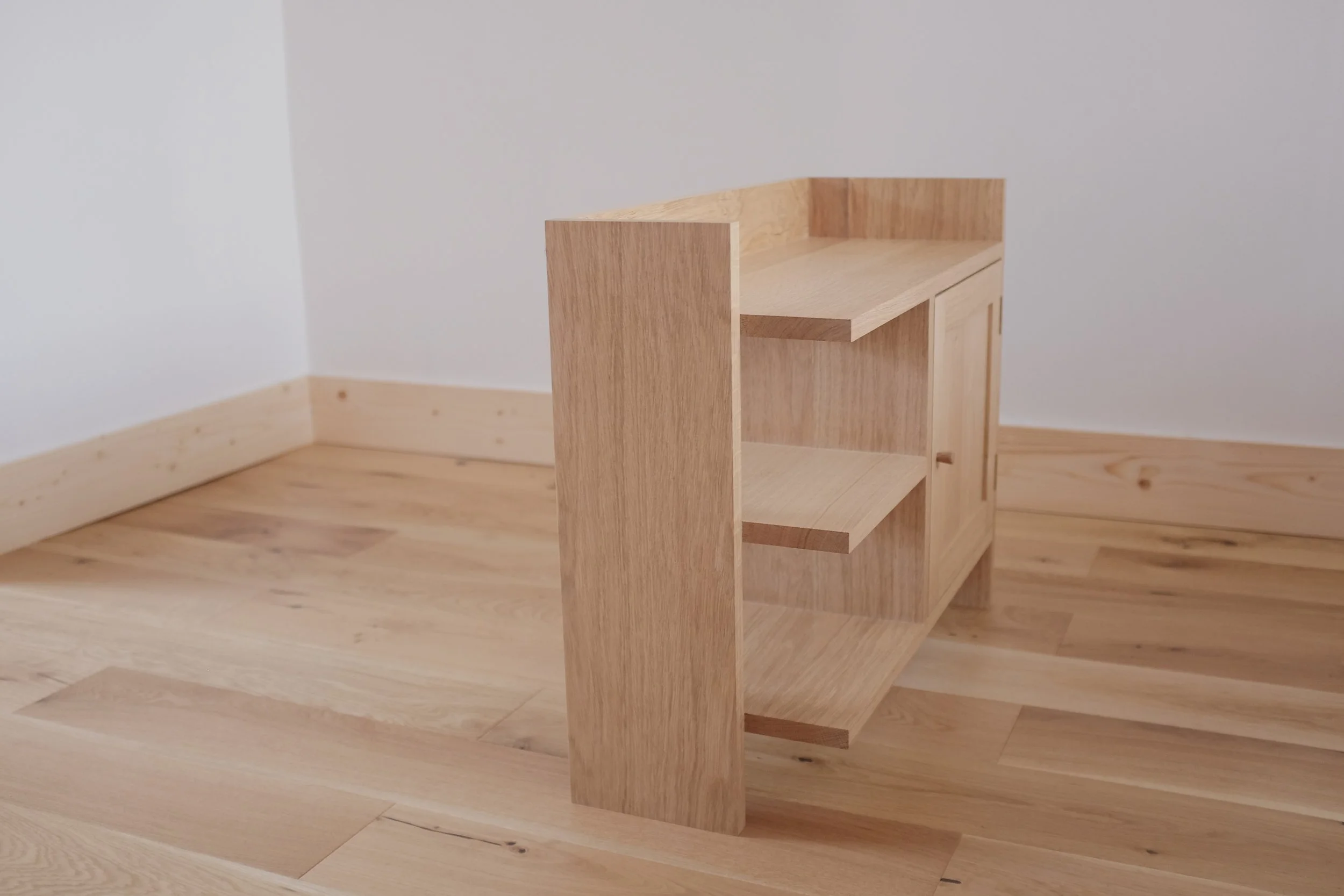 Open shelving inspired by brutalist architecture.