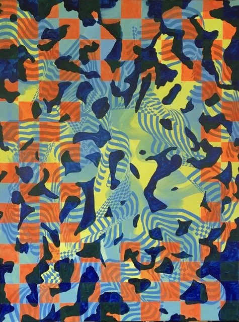 Abstract geometric artwork featuring intertwined blue lines and dark splashes over a multicolored checkered background of orange, blue, and yellow squares.