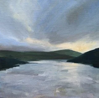 A painting of a river with hills in the background under a cloudy sky.