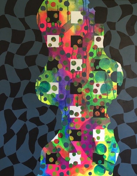 Abstract colorful silhouette of a woman with curly hair, filled with geometric patterns, dots, and squares, against a dark mottled background.