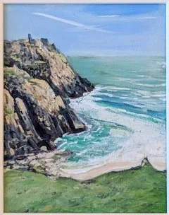A painting of a coastal scene with cliffs, a sandy beach, and waves crashing onto the shore under a blue sky.